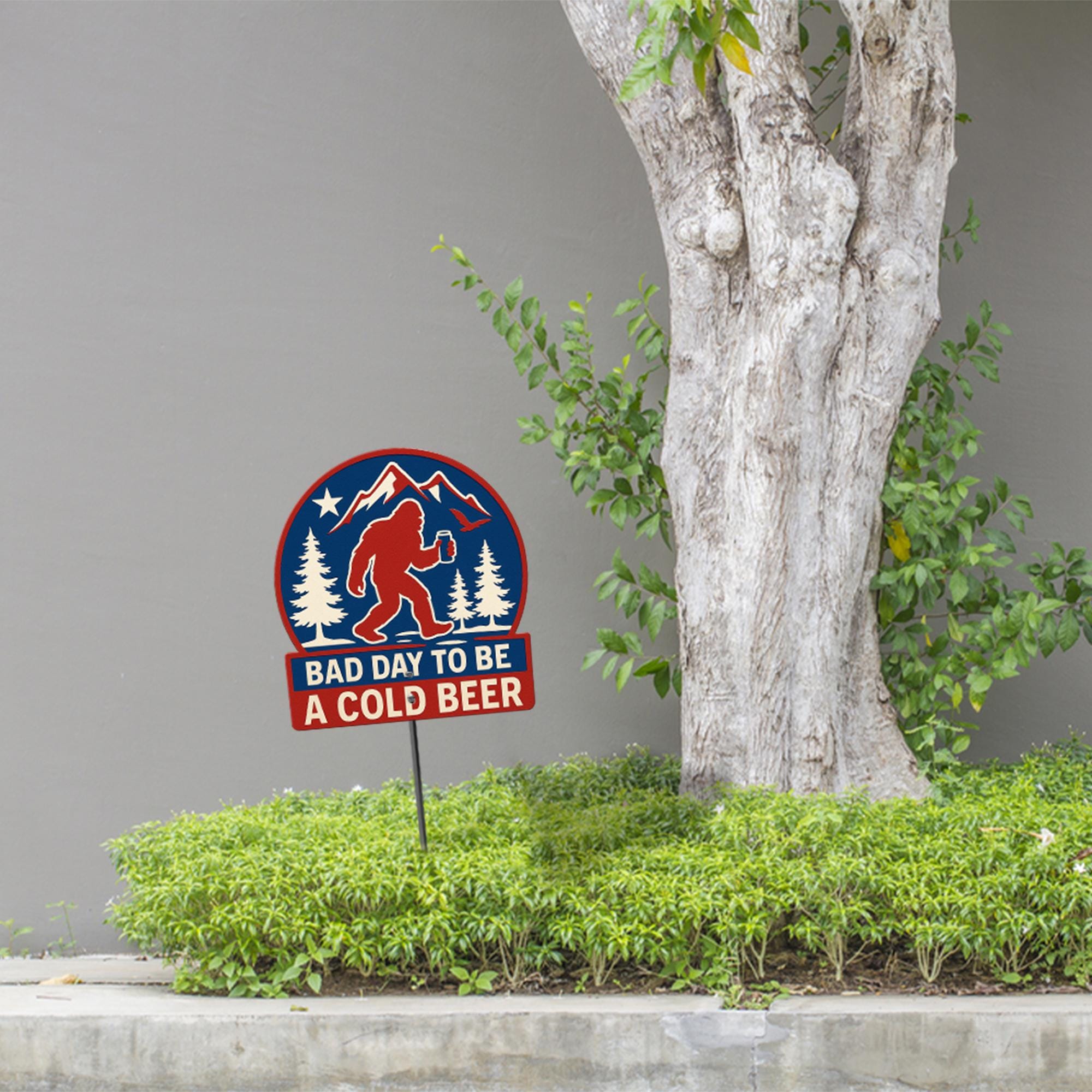 Funny Bigfoot Metal Garden Sign, "Bad Day To Be A Cold Beer" Sasquatch Yard Art, Humorous Outdoor Decor for Patio, Beer Lover Gift Idea