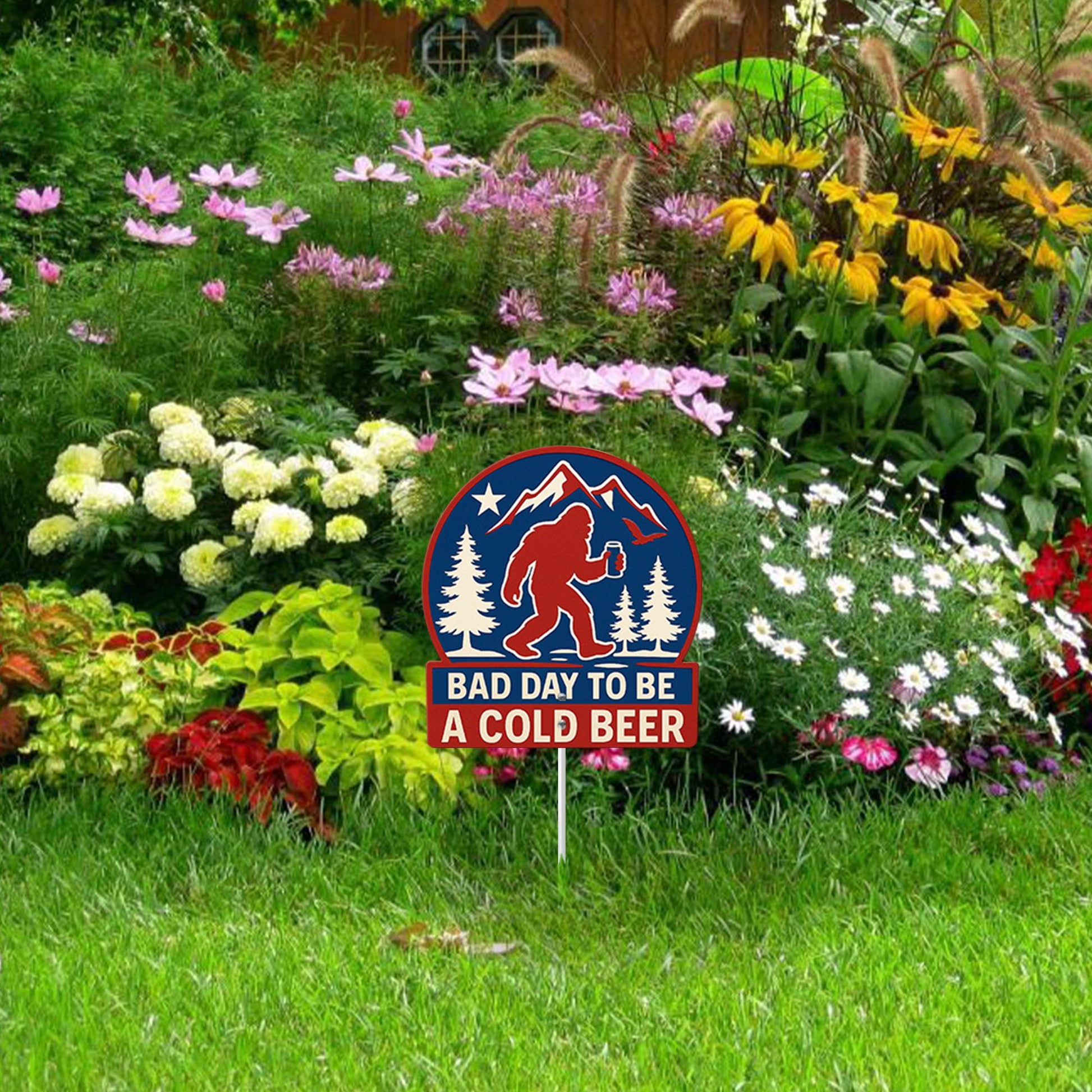 Funny Bigfoot Metal Garden Sign, "Bad Day To Be A Cold Beer" Sasquatch Yard Art, Humorous Outdoor Decor for Patio, Beer Lover Gift Idea