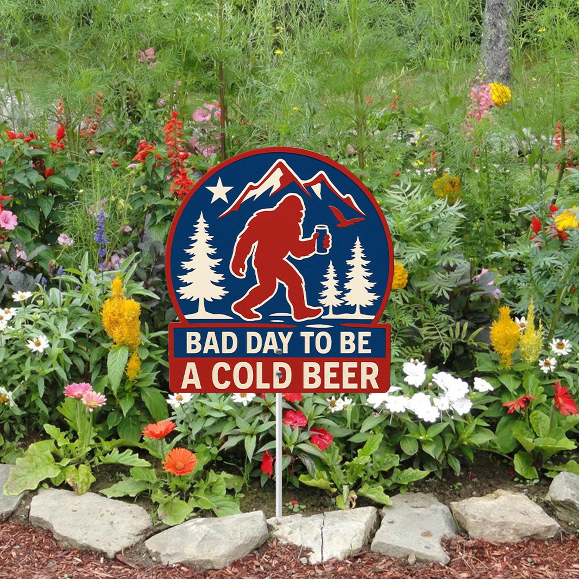 Funny Bigfoot Metal Garden Sign, "Bad Day To Be A Cold Beer" Sasquatch Yard Art, Humorous Outdoor Decor for Patio, Beer Lover Gift Idea