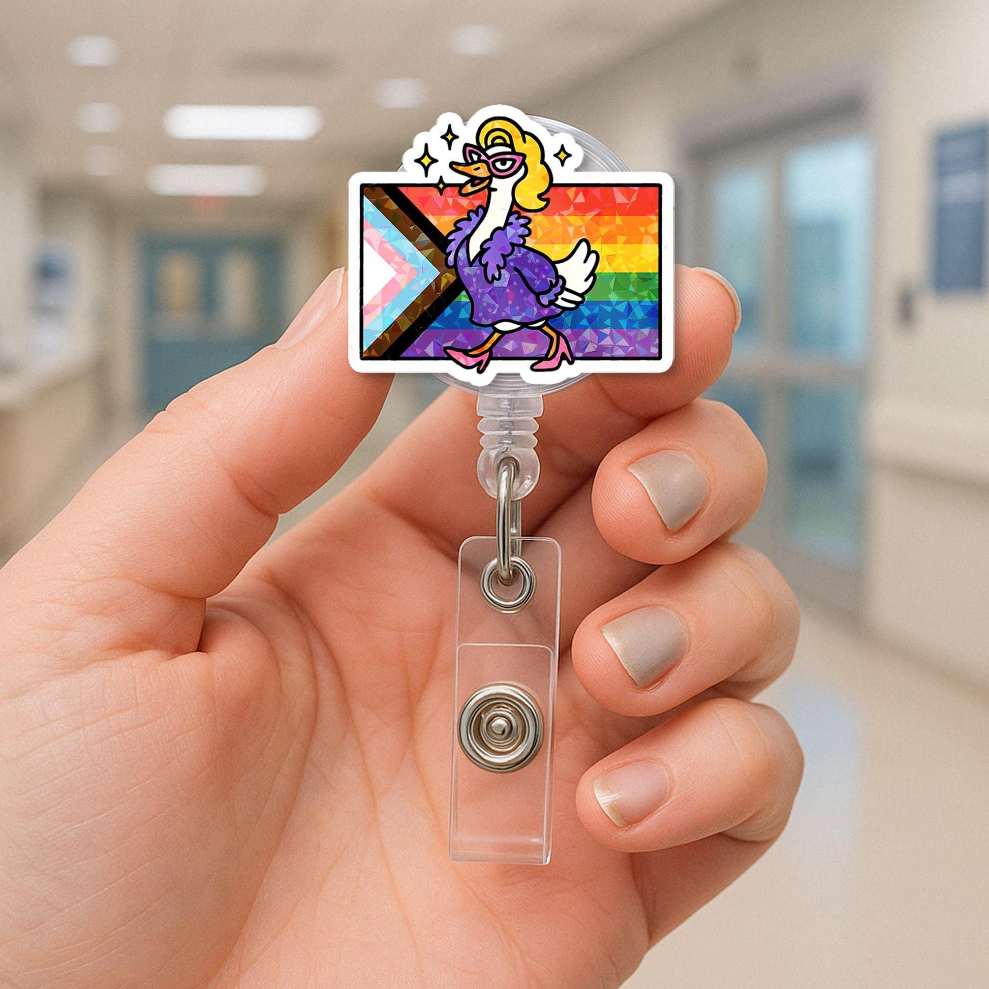 Fabulous Duck Pride Badge Reel | Progress Flag LGBTQ+ ID Holder | Funny Nurse Badge Clip | Pride Month Gift | Queer Duck Reel