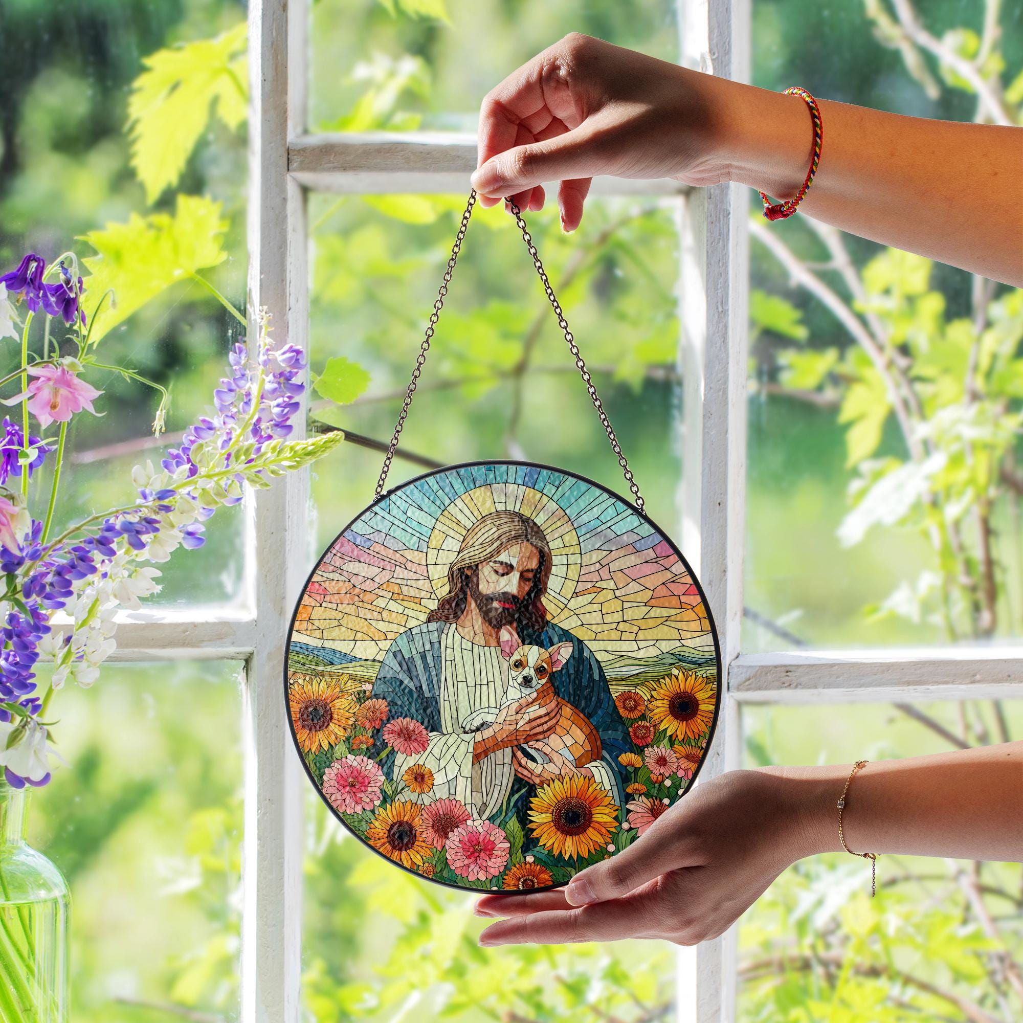 Jesus Holding Chihuahua Glass Suncatcher, Pet Memorial Gift, Christian Dog Lover Window Decor, Rainbow Bridge Keepsake Art