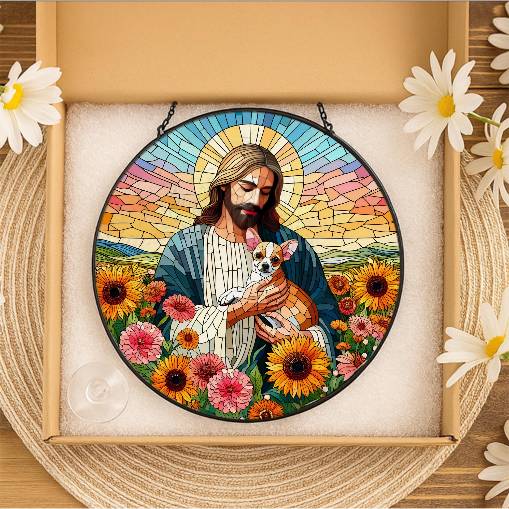 Jesus Holding Chihuahua Glass Suncatcher, Pet Memorial Gift, Christian Dog Lover Window Decor, Rainbow Bridge Keepsake Art
