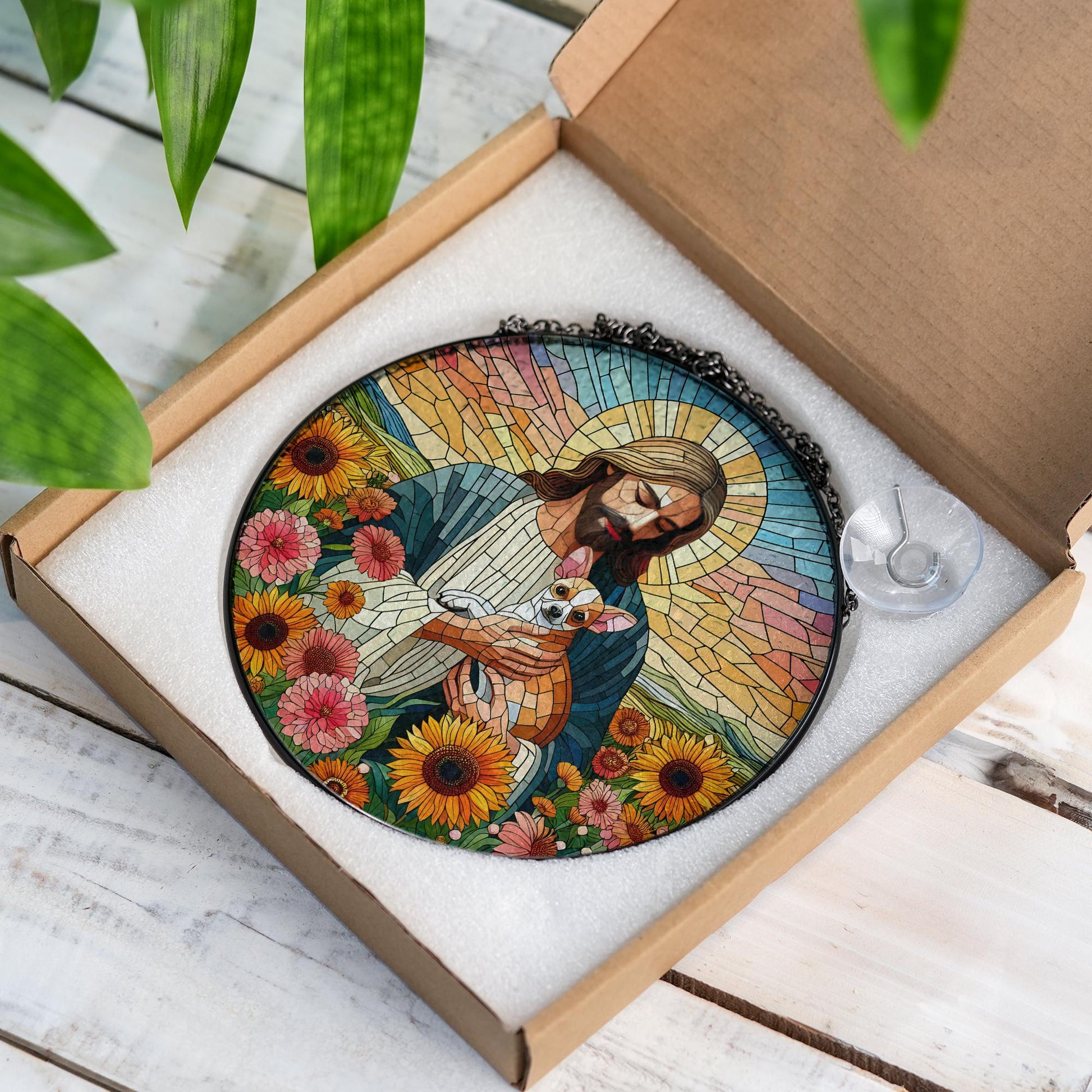 Jesus Holding Chihuahua Glass Suncatcher, Pet Memorial Gift, Christian Dog Lover Window Decor, Rainbow Bridge Keepsake Art