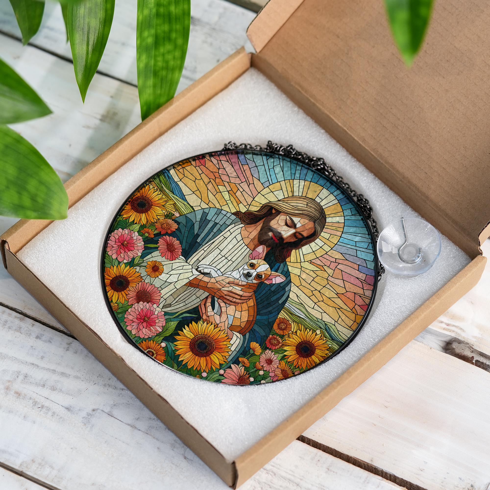 Jesus Holding Chihuahua Glass Suncatcher, Pet Memorial Gift, Christian Dog Lover Window Decor, Rainbow Bridge Keepsake Art