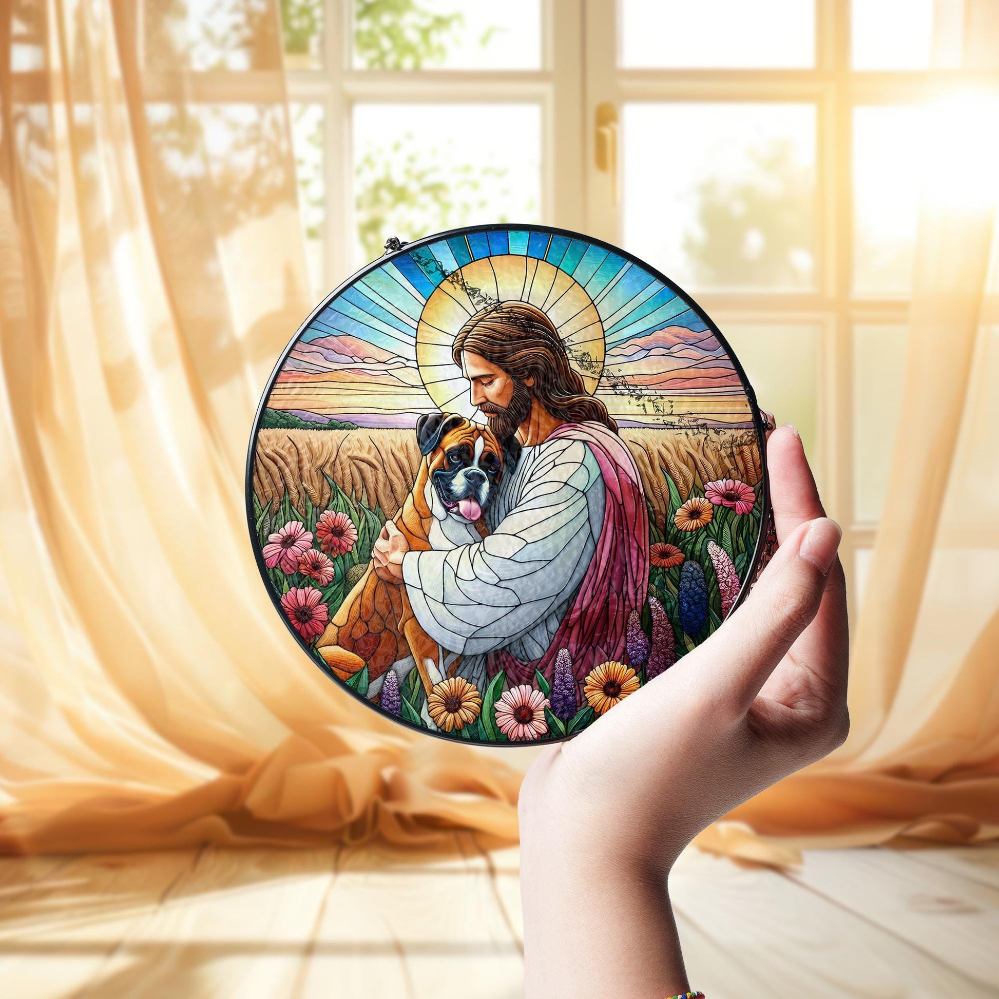 Jesus Holding Boxer Dog Glass Suncatcher, Pet Memorial Gift, Christian Dog Lover Window Art, Rainbow Bridge Keepsake Decor