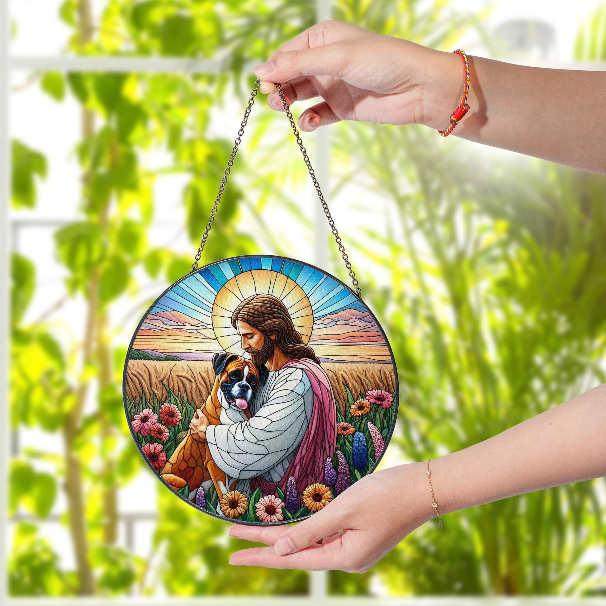 Jesus Holding Boxer Dog Glass Suncatcher, Pet Memorial Gift, Christian Dog Lover Window Art, Rainbow Bridge Keepsake Decor
