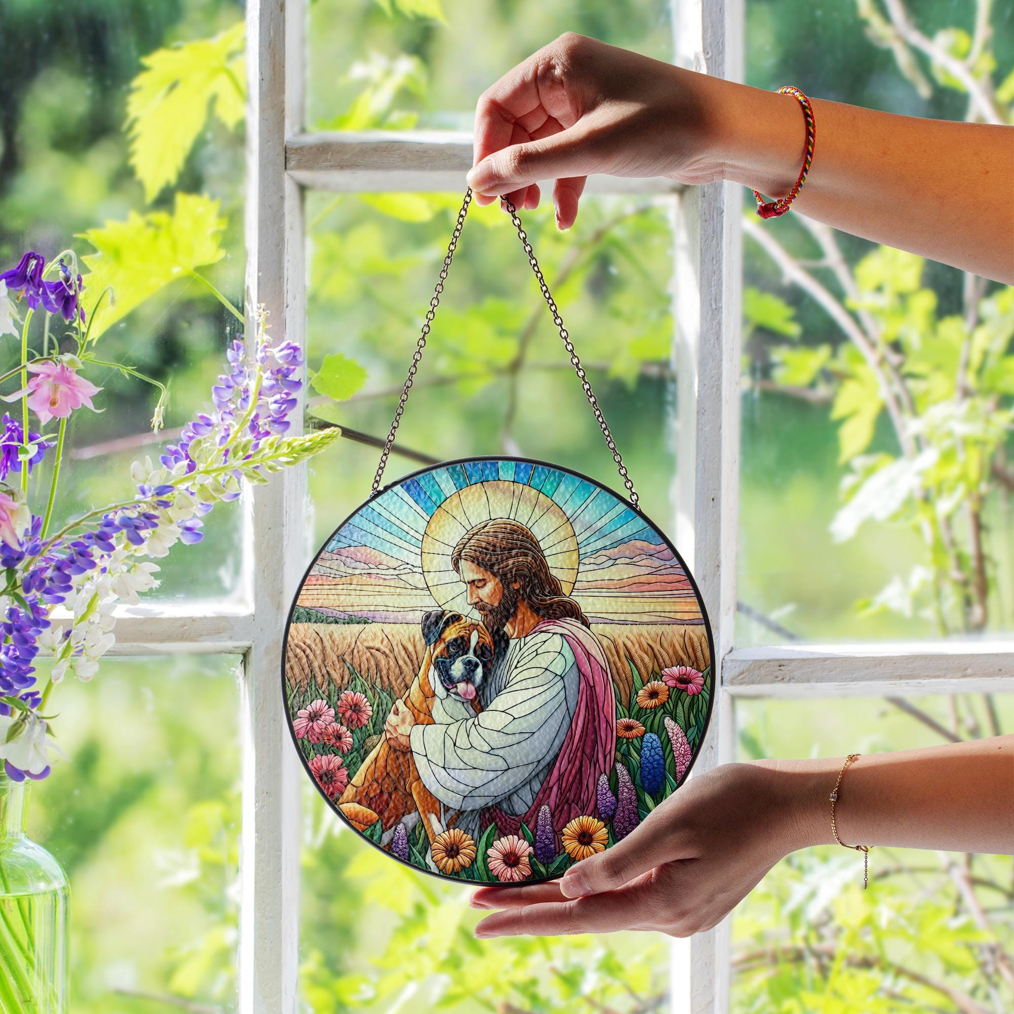 Jesus Holding Boxer Dog Glass Suncatcher, Pet Memorial Gift, Christian Dog Lover Window Art, Rainbow Bridge Keepsake Decor