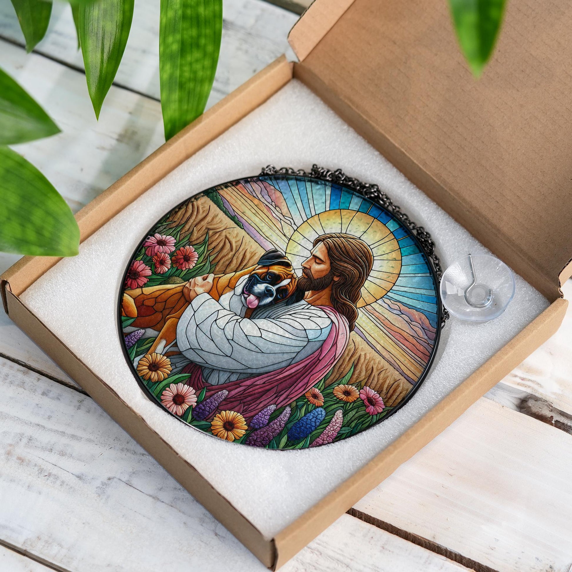 Jesus Holding Boxer Dog Glass Suncatcher, Pet Memorial Gift, Christian Dog Lover Window Art, Rainbow Bridge Keepsake Decor