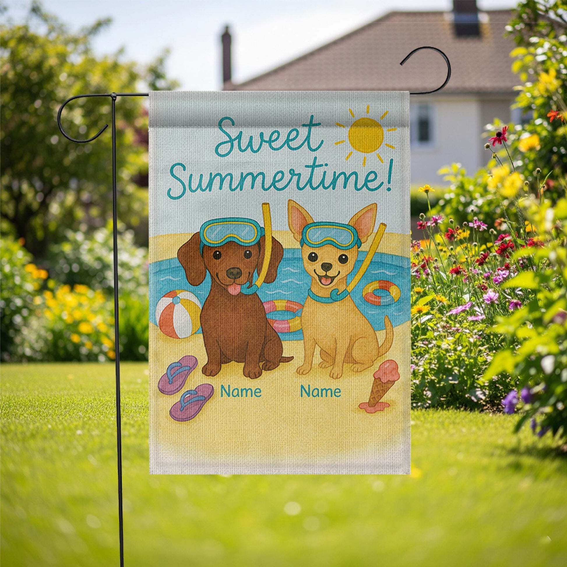 Custom Dog Breed Summer Garden Flag, Sweet Summertime Personalized Yard Decor, Pool Party Dog Flag with Pet Names, Outdoor Gift