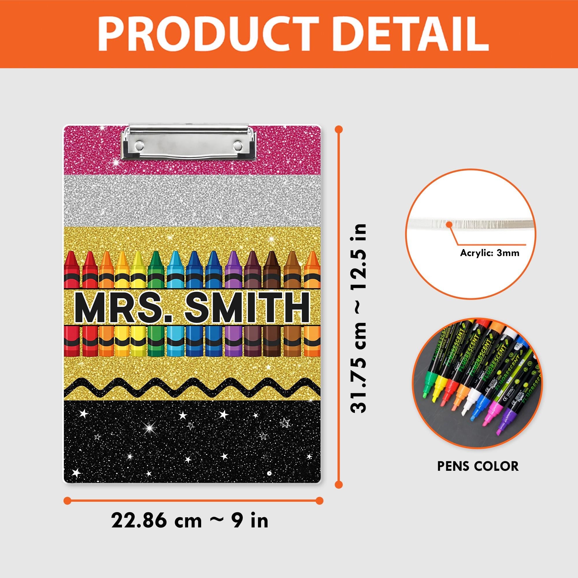 Personalized Teacher Appreciation Gift, Custom Glitter Crayon Teacher Clipboard, End Of Year Gift, Back To School, Teacher School Supplies