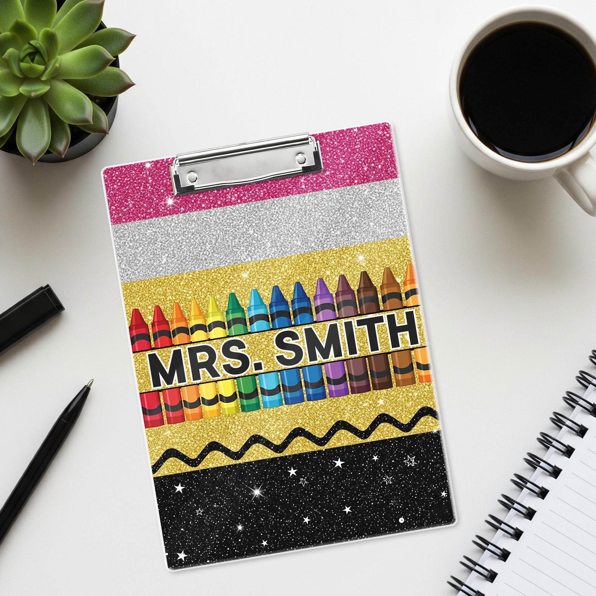 Personalized Teacher Appreciation Gift, Custom Glitter Crayon Teacher Clipboard, End Of Year Gift, Back To School, Teacher School Supplies