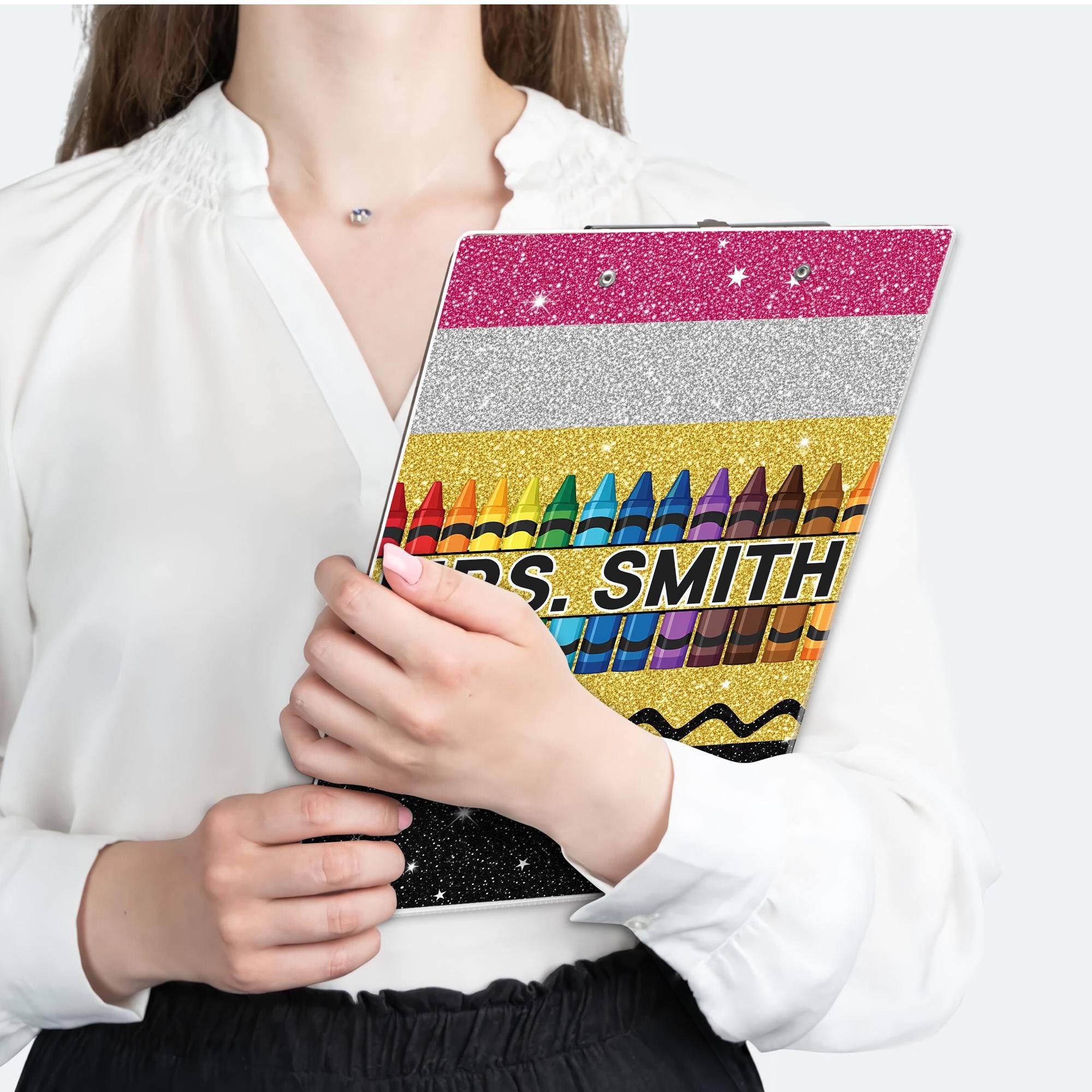 Personalized Teacher Appreciation Gift, Custom Glitter Crayon Teacher Clipboard, End Of Year Gift, Back To School, Teacher School Supplies