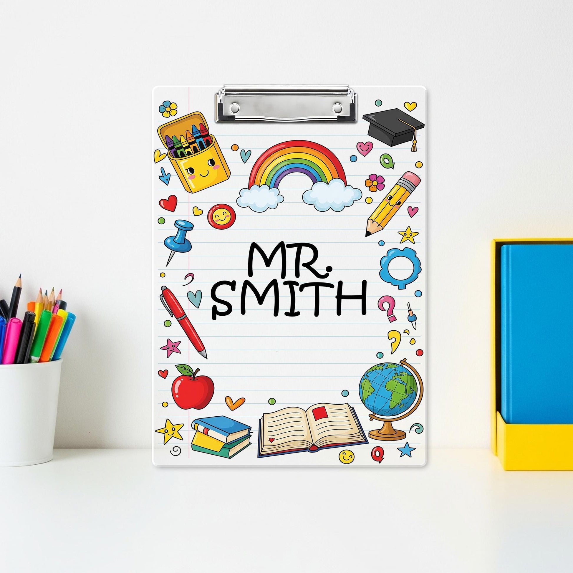 Personalized Teacher Clipboard with Rainbow and School Supplies – Custom Name Gift for Classroom, Educator Appreciation, Cute Desk Decor