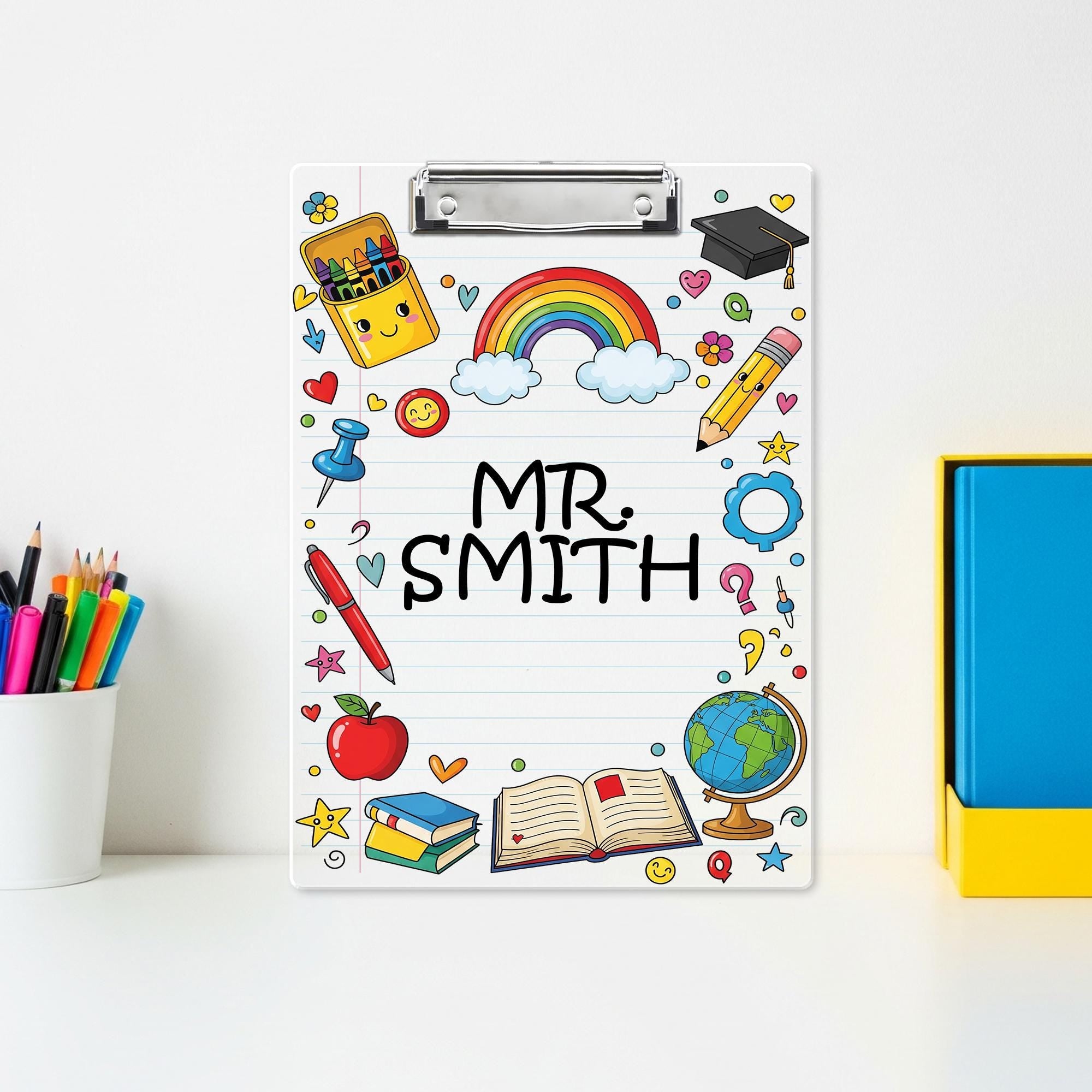 Personalized Teacher Clipboard with Rainbow and School Supplies – Custom Name Gift for Classroom, Educator Appreciation, Cute Desk Decor