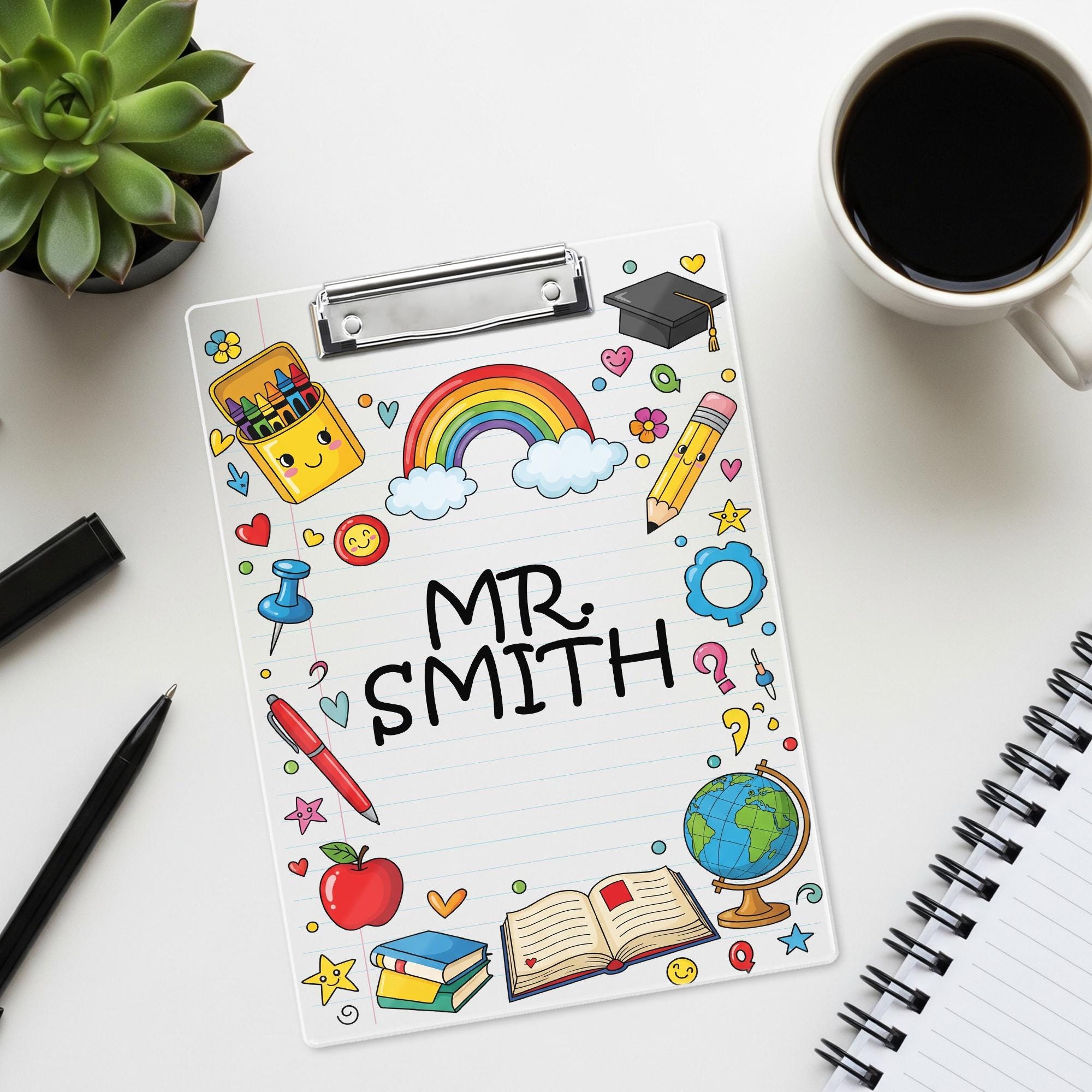 Personalized Teacher Clipboard with Rainbow and School Supplies – Custom Name Gift for Classroom, Educator Appreciation, Cute Desk Decor