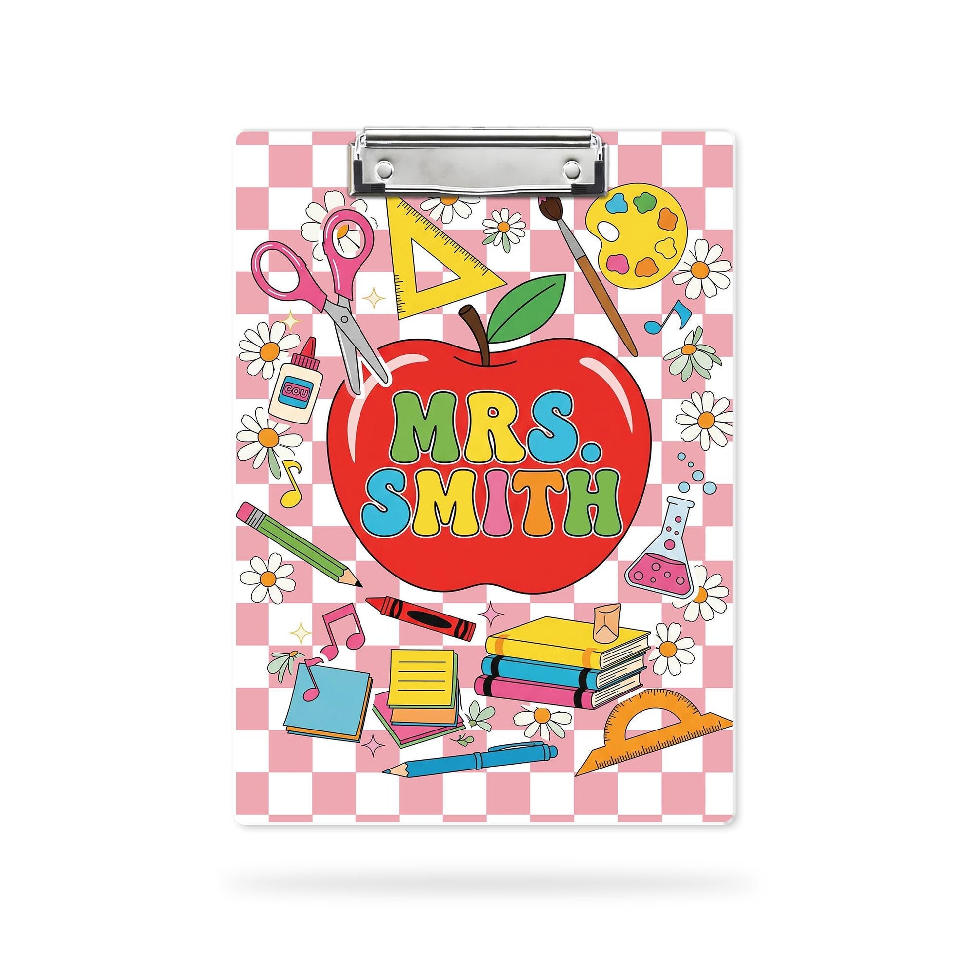 Personalized Teacher Clipboard with Apple and School Supplies – Cute Retro Style Custom Name Gift for Classroom or Teacher Appreciation