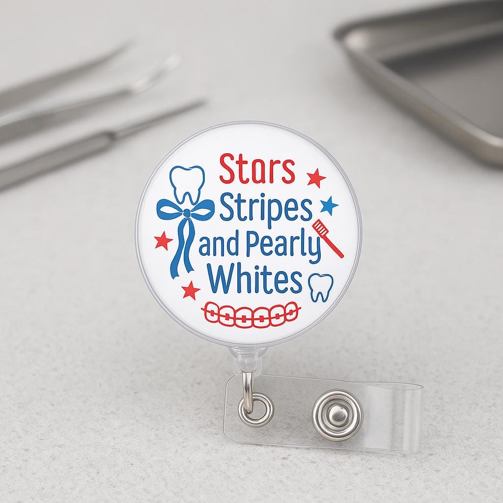 Stars Stripes and Pearly Whites Dental Badge Reel, Dentist ID Holder, Hygienist Gift, Orthodontist, Retractable, Patriotic Tooth Design