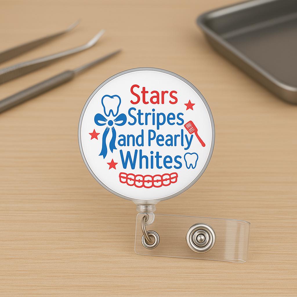 Stars Stripes and Pearly Whites Dental Badge Reel, Dentist ID Holder, Hygienist Gift, Orthodontist, Retractable, Patriotic Tooth Design