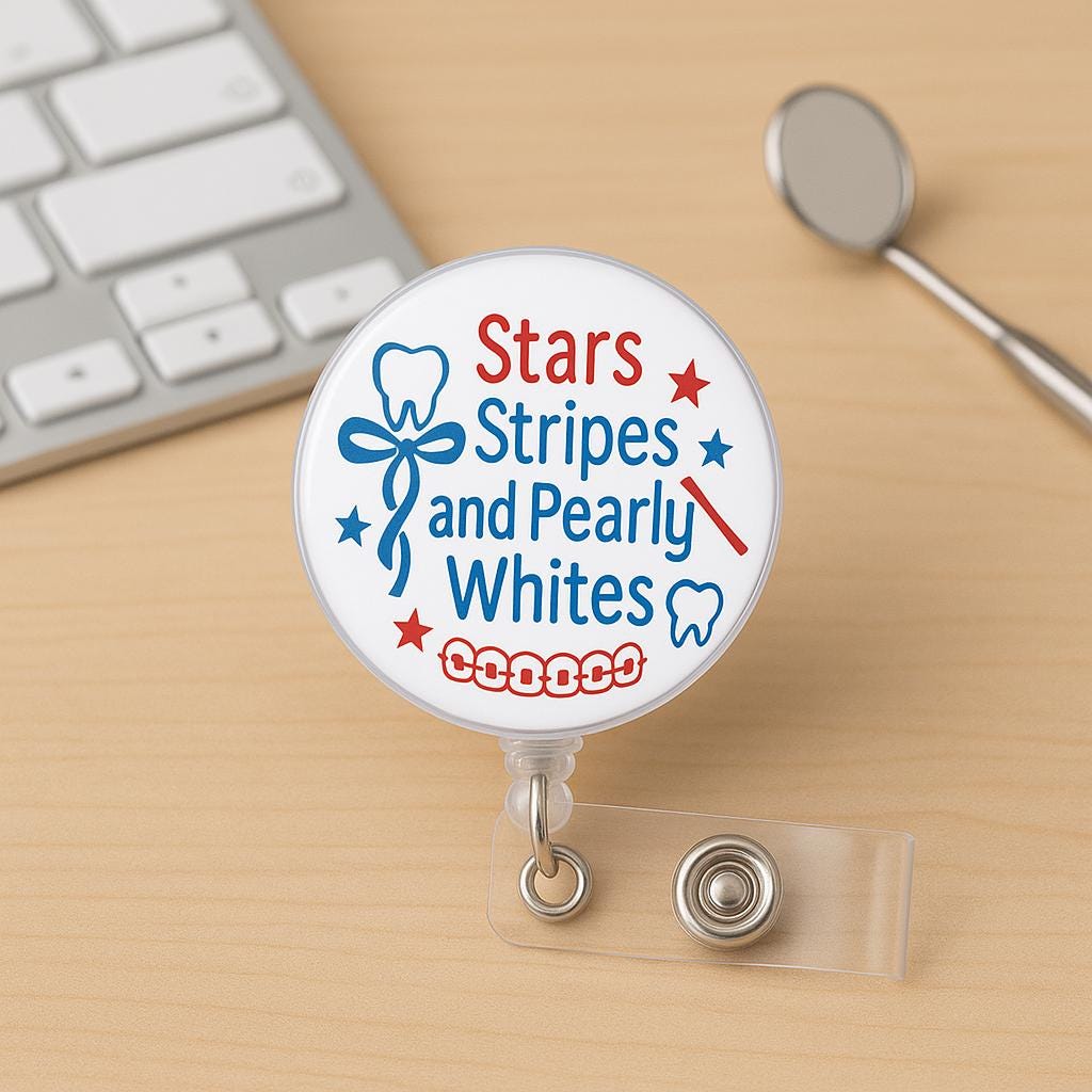 Stars Stripes and Pearly Whites Dental Badge Reel, Dentist ID Holder, Hygienist Gift, Orthodontist, Retractable, Patriotic Tooth Design
