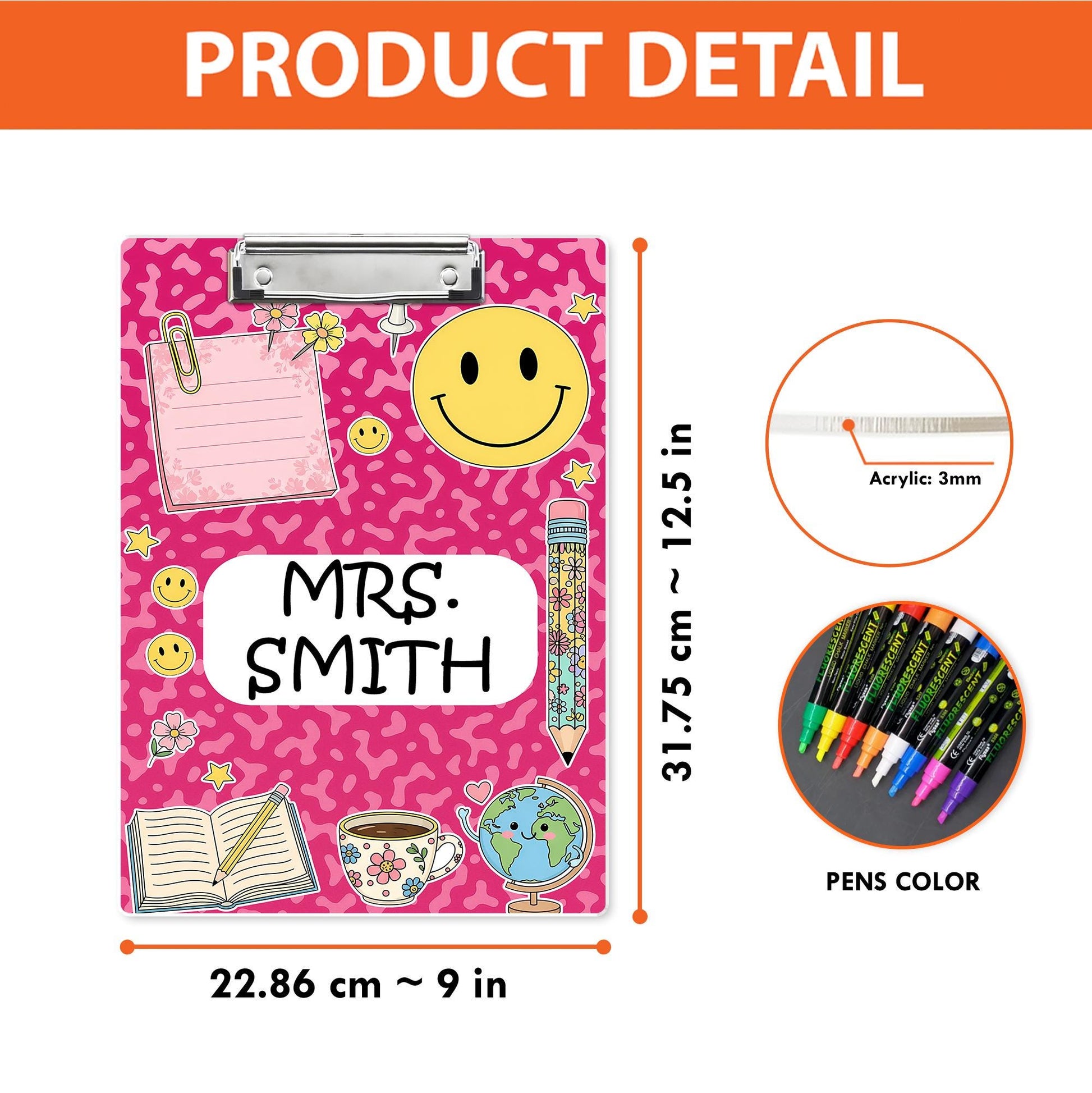 Personalized Teacher Clipboard with Pink Camo and Smiley Faces – Custom Name Cute Classroom Gift, Retro Back to School Office Decor