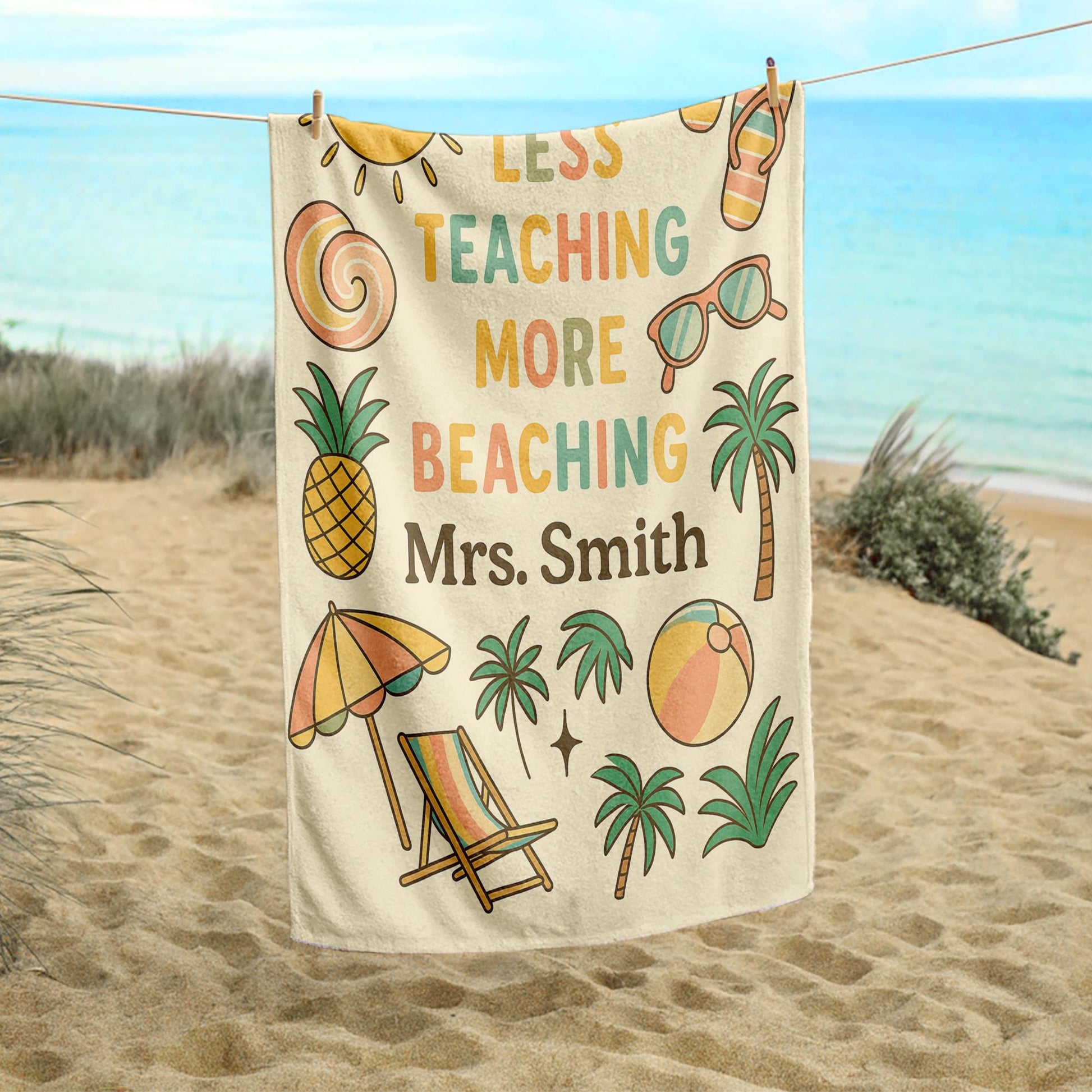 Custom Teacher Beach Towel, Less Teaching More Beaching Personalized Gift, Summer Break Towel for Teachers gift