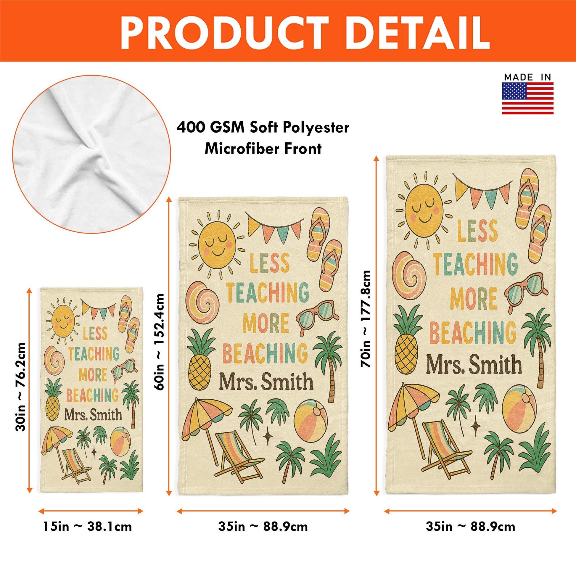 Custom Teacher Beach Towel, Less Teaching More Beaching Personalized Gift, Summer Break Towel for Teachers gift
