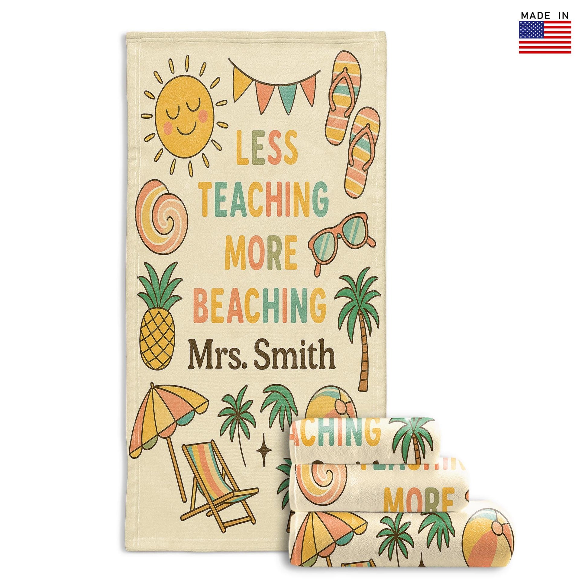 Custom Teacher Beach Towel, Less Teaching More Beaching Personalized Gift, Summer Break Towel for Teachers gift