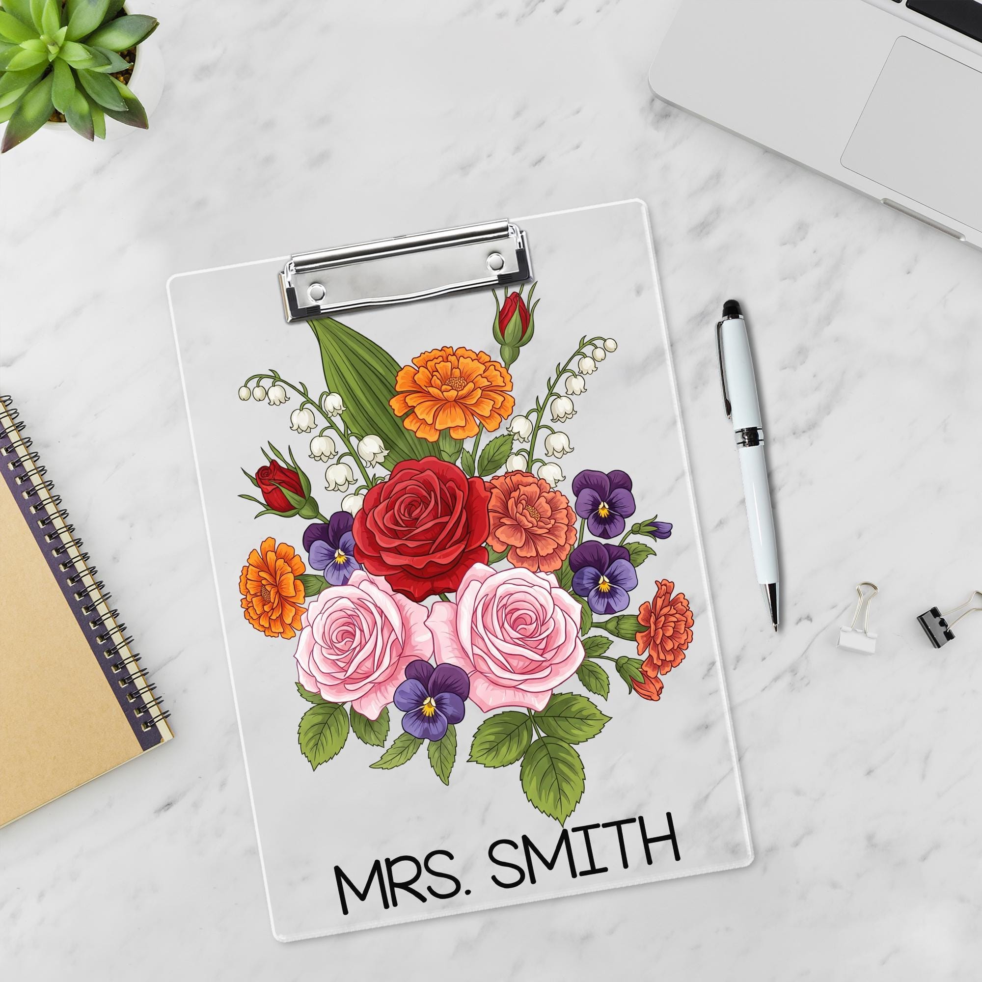 Personalized Floral Teacher Clipboard, Elegant Custom Name Gift with Rose Bouquet Design, Perfect for Educators or Office Decor