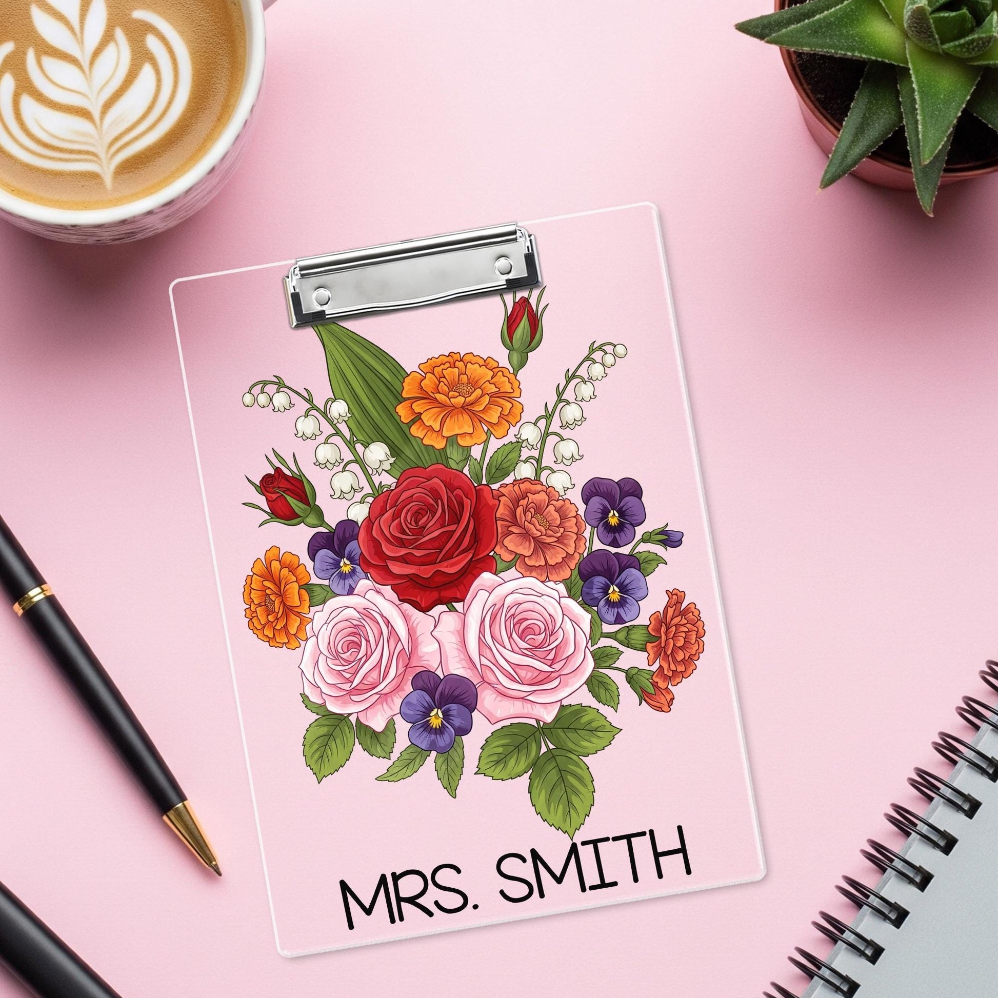 Personalized Floral Teacher Clipboard, Elegant Custom Name Gift with Rose Bouquet Design, Perfect for Educators or Office Decor