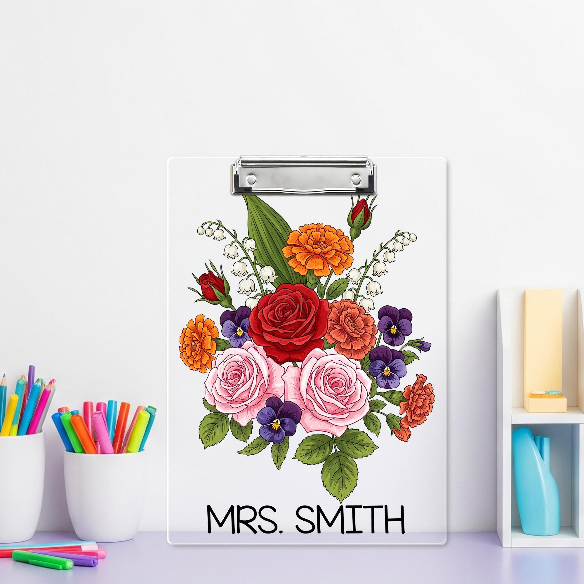 Personalized Floral Teacher Clipboard, Elegant Custom Name Gift with Rose Bouquet Design, Perfect for Educators or Office Decor
