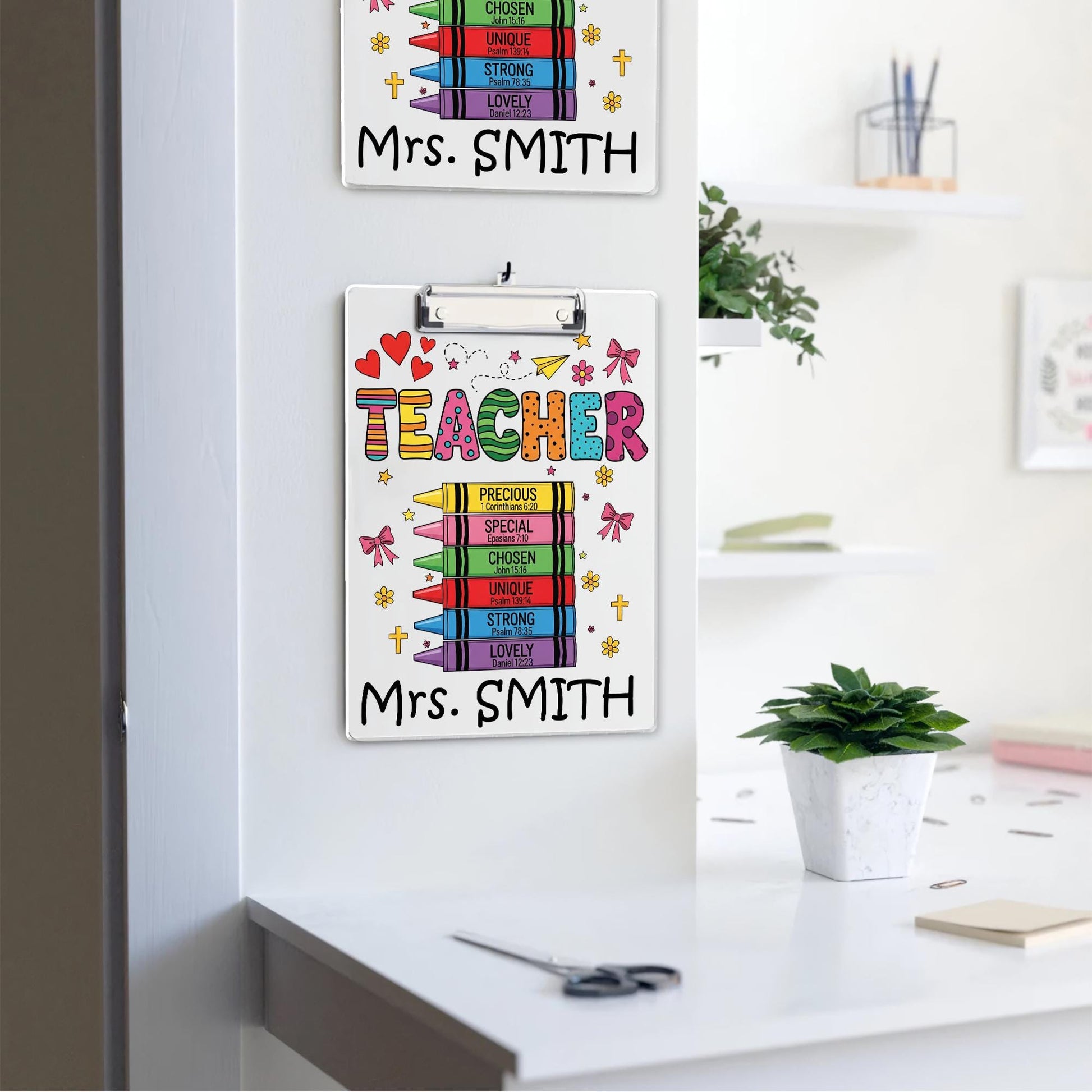 Personalized Christian Teacher Clipboard – Colorful Crayon Bible Verse Design, Custom Name Gift for Faith-Based Classroom or Church School