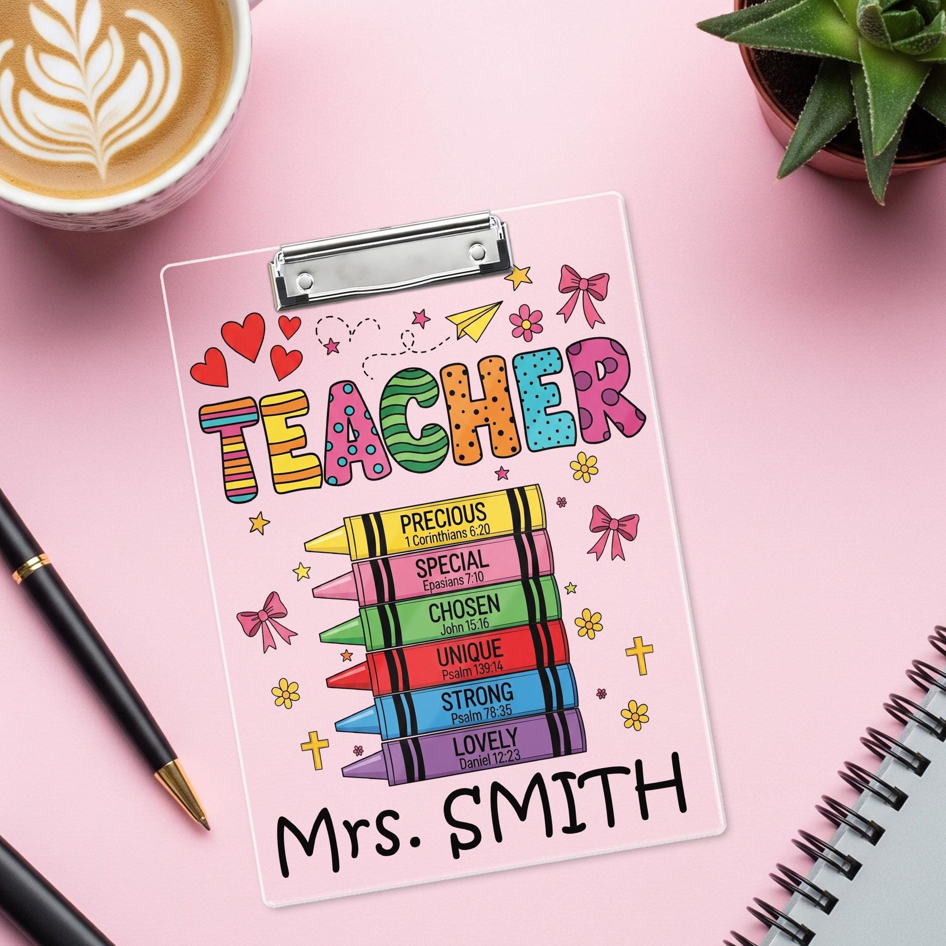 Personalized Christian Teacher Clipboard – Colorful Crayon Bible Verse Design, Custom Name Gift for Faith-Based Classroom or Church School