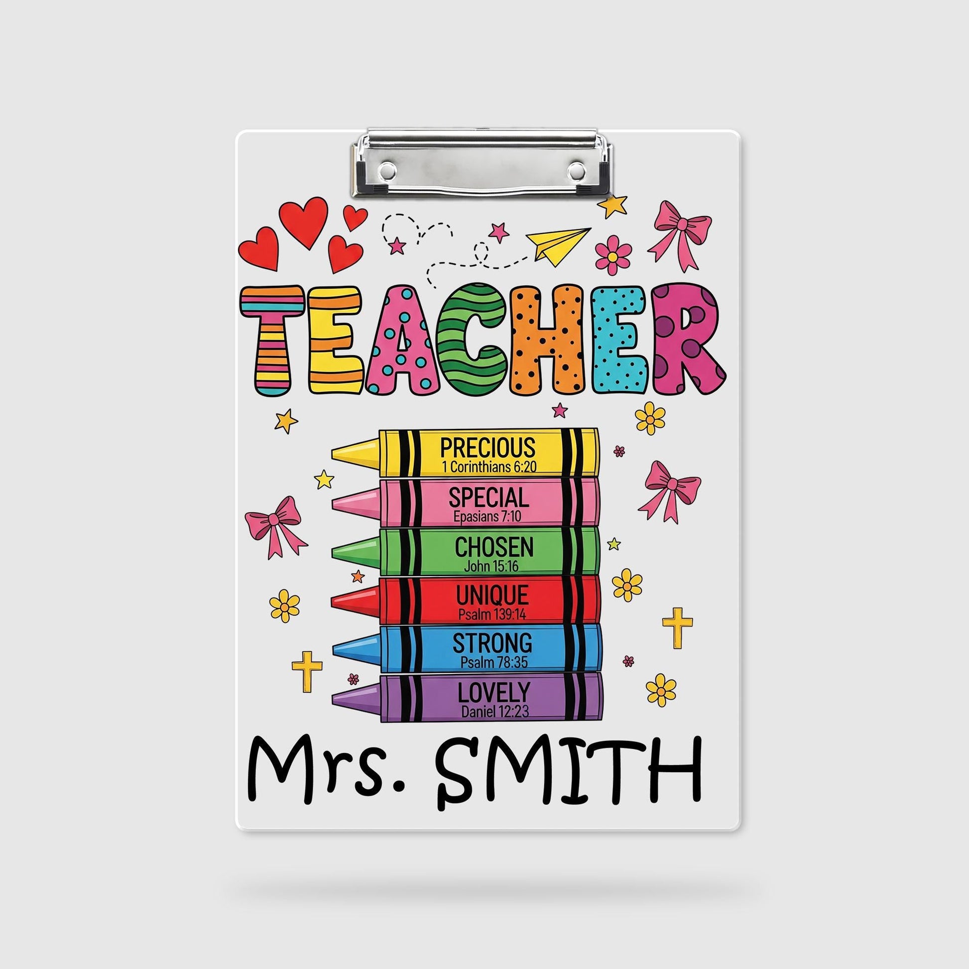 Personalized Christian Teacher Clipboard – Colorful Crayon Bible Verse Design, Custom Name Gift for Faith-Based Classroom or Church School