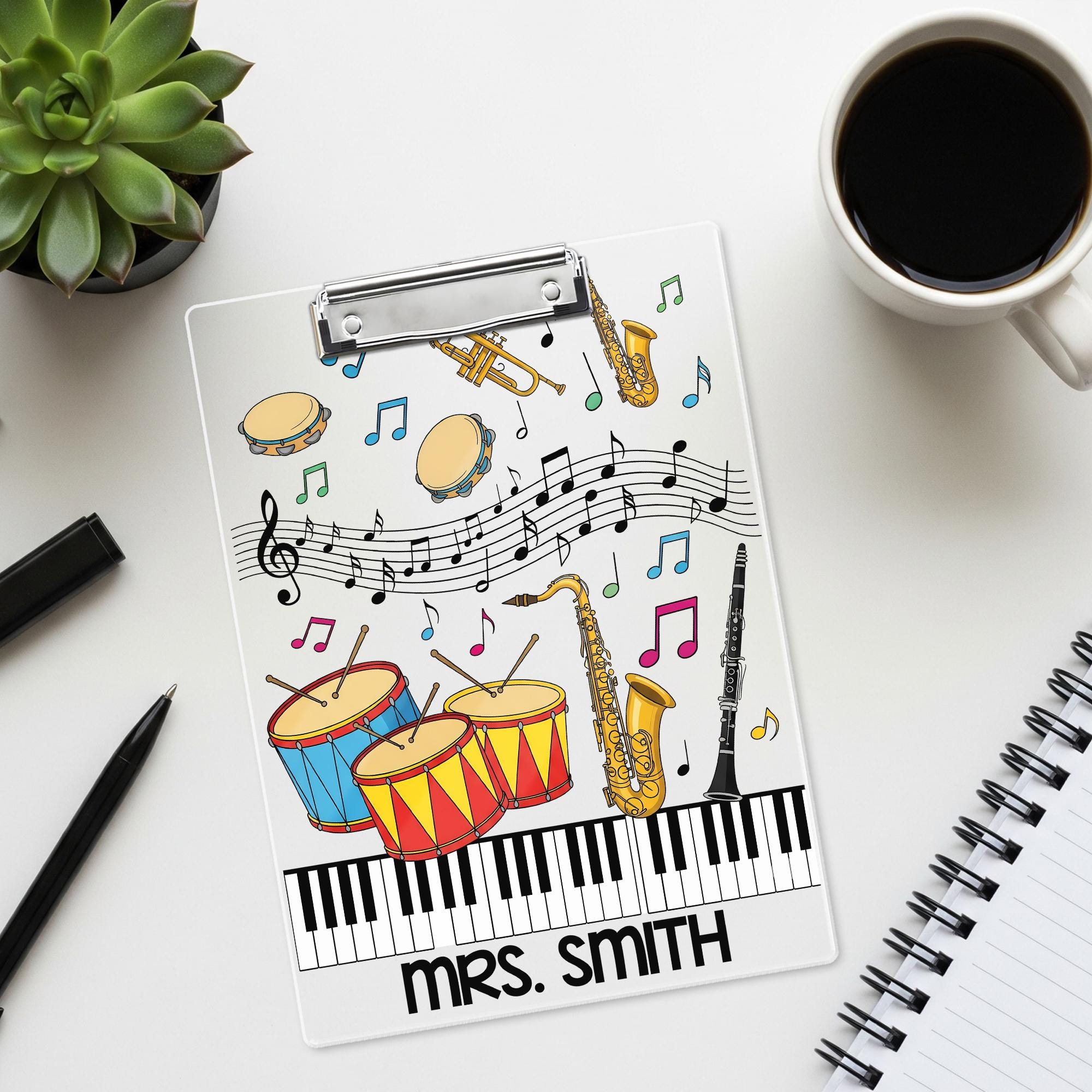 Personalized Music Teacher Clipboard – Custom Name Gift with Colorful Instruments, Notes & Piano Keys, Fun Classroom or Band Decor