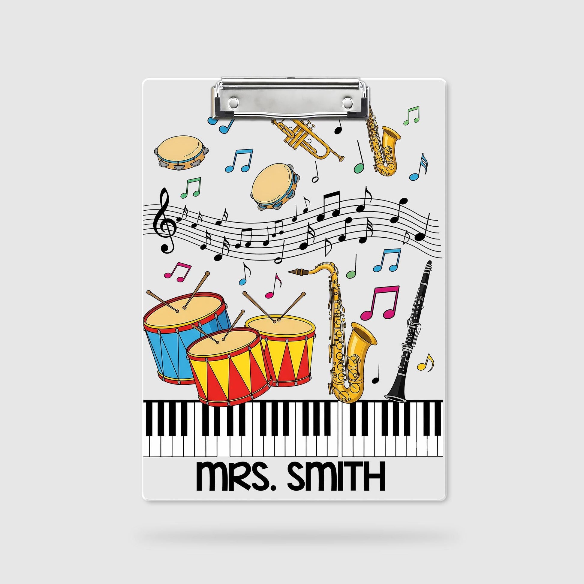 Personalized Music Teacher Clipboard – Custom Name Gift with Colorful Instruments, Notes & Piano Keys, Fun Classroom or Band Decor