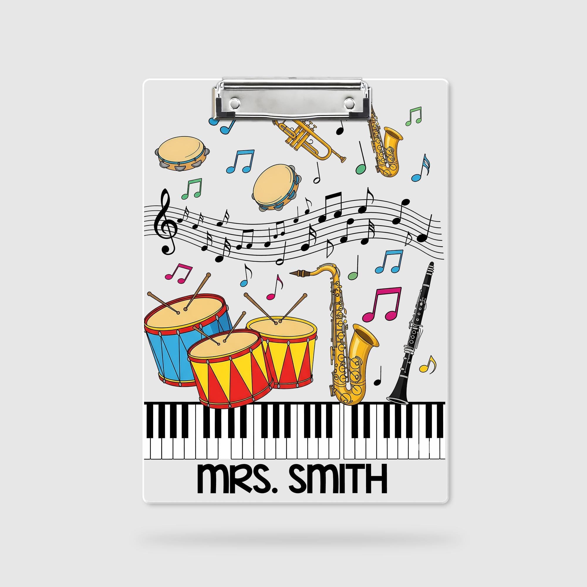 Personalized Music Teacher Clipboard – Custom Name Gift with Colorful Instruments, Notes & Piano Keys, Fun Classroom or Band Decor
