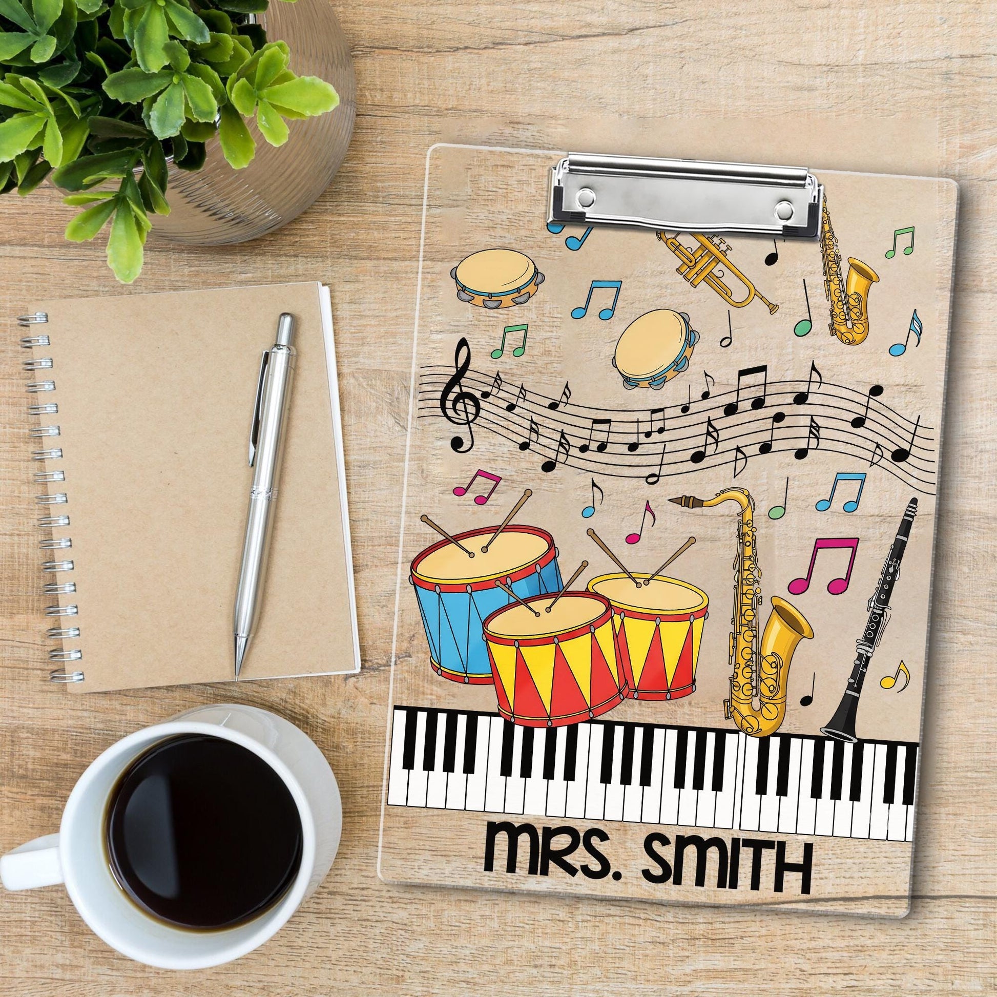 Personalized Music Teacher Clipboard – Custom Name Gift with Colorful Instruments, Notes & Piano Keys, Fun Classroom or Band Decor