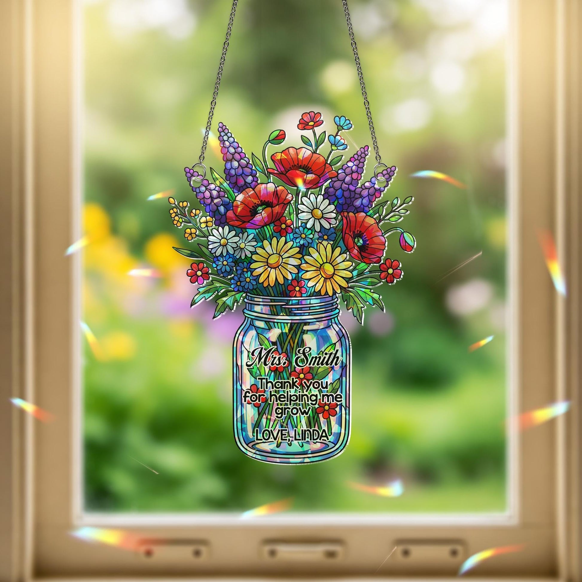 Personalized Teacher Hologram Ornament, Floral Jar with Custom Name ACRYLIC Window Hanging, Back To School Gift, Appreciation Keepsake