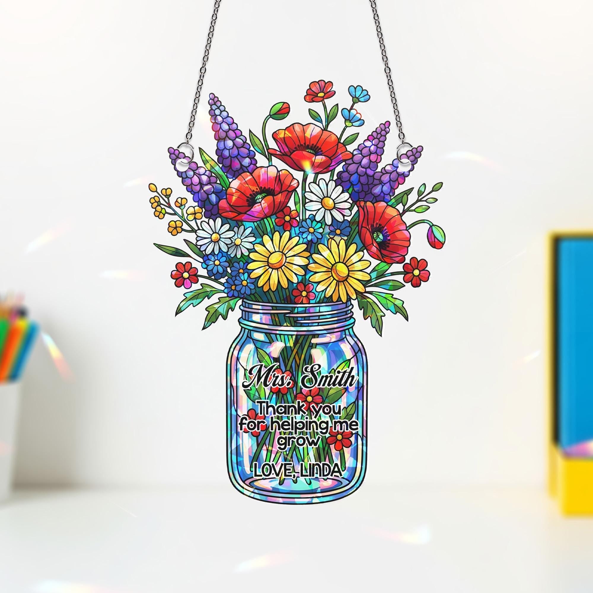 Personalized Teacher Hologram Ornament, Floral Jar with Custom Name ACRYLIC Window Hanging, Back To School Gift, Appreciation Keepsake