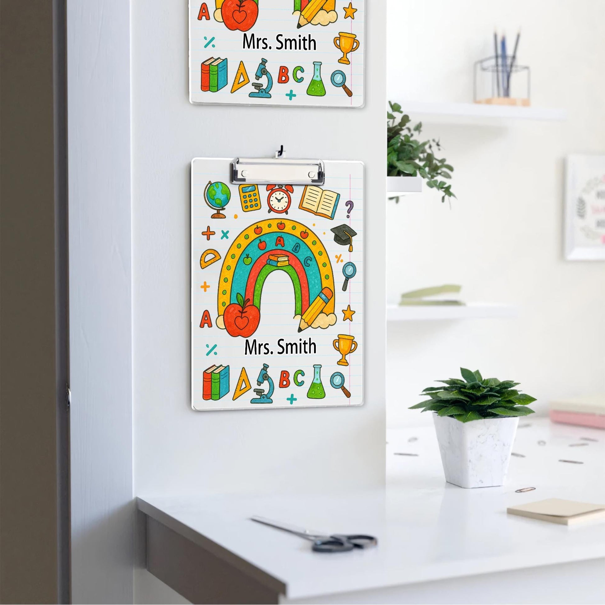 Personalized Teacher Clipboard with Rainbow and School Supplies – Custom Name Gift, Lined Paper Background, Cute Classroom Office Decor