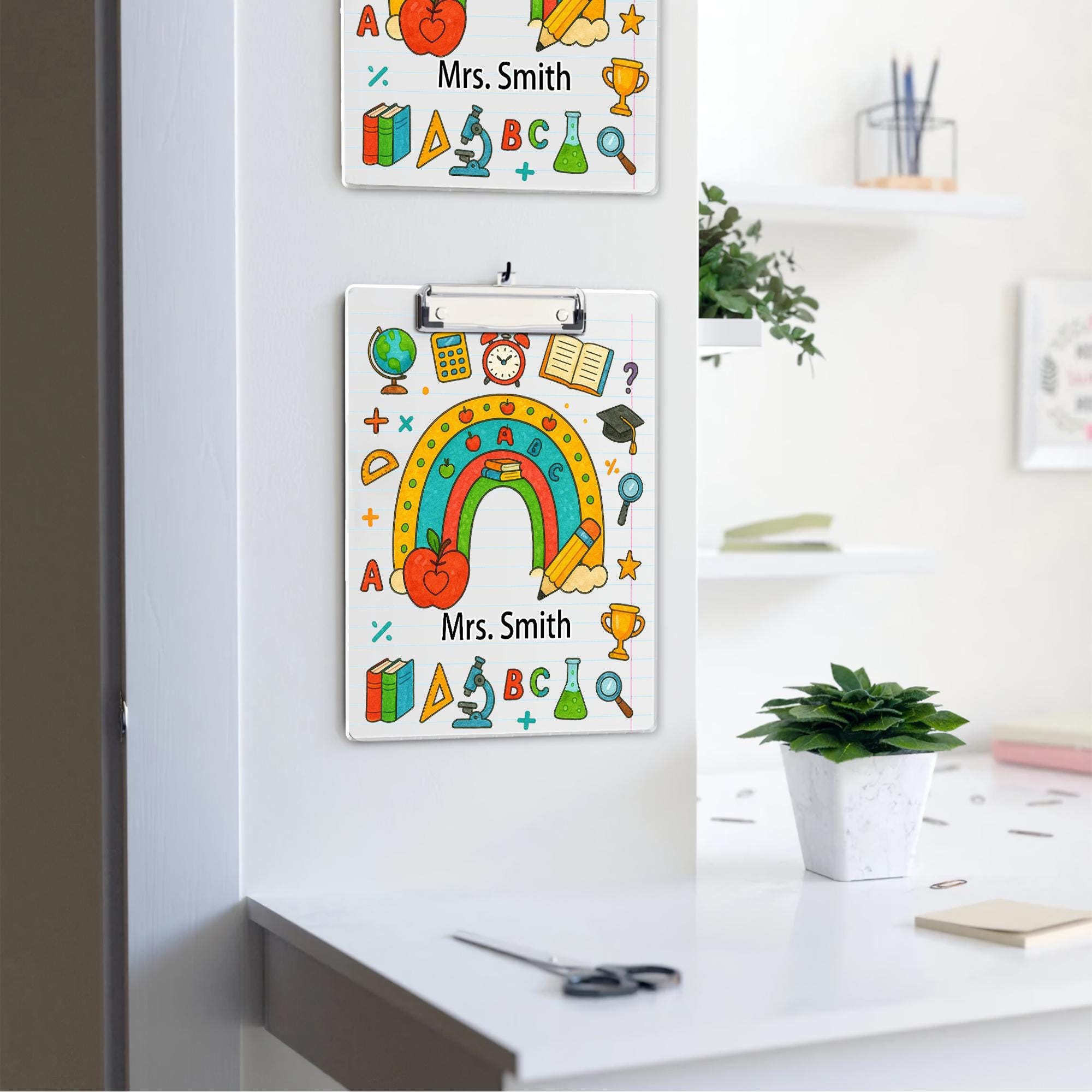 Personalized Teacher Clipboard with Rainbow and School Supplies – Custom Name Gift, Lined Paper Background, Cute Classroom Office Decor