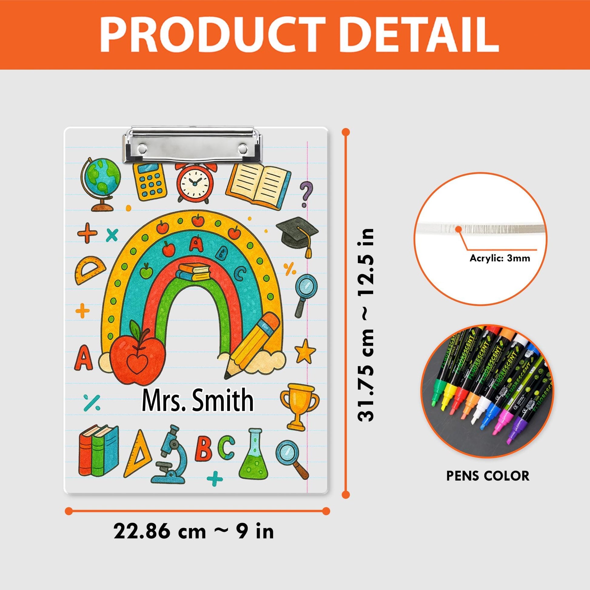 Personalized Teacher Clipboard with Rainbow and School Supplies – Custom Name Gift, Lined Paper Background, Cute Classroom Office Decor