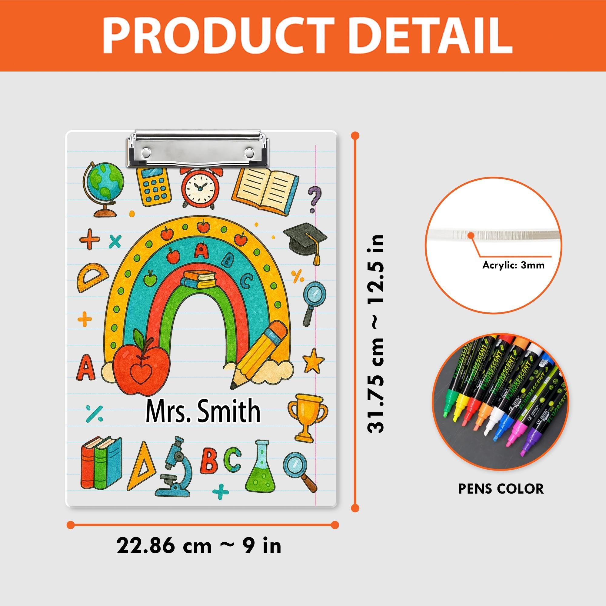 Personalized Teacher Clipboard with Rainbow and School Supplies – Custom Name Gift, Lined Paper Background, Cute Classroom Office Decor
