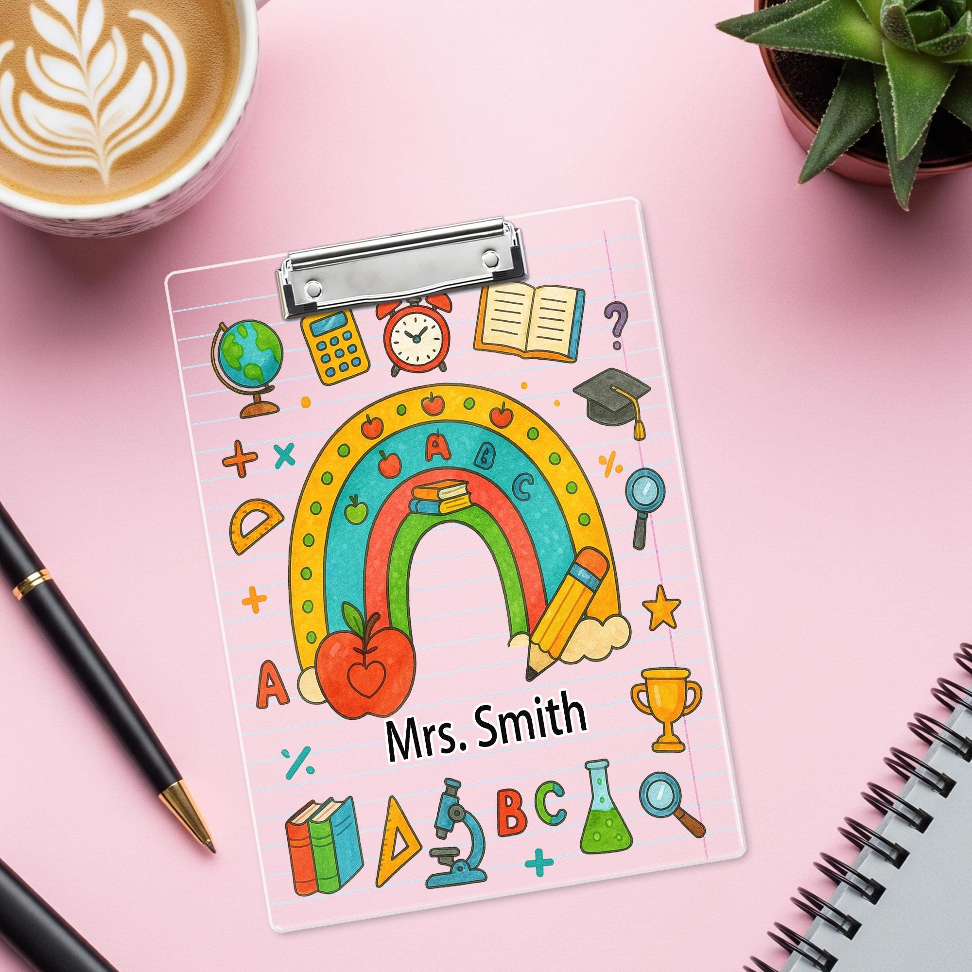 Personalized Teacher Clipboard with Rainbow and School Supplies – Custom Name Gift, Lined Paper Background, Cute Classroom Office Decor