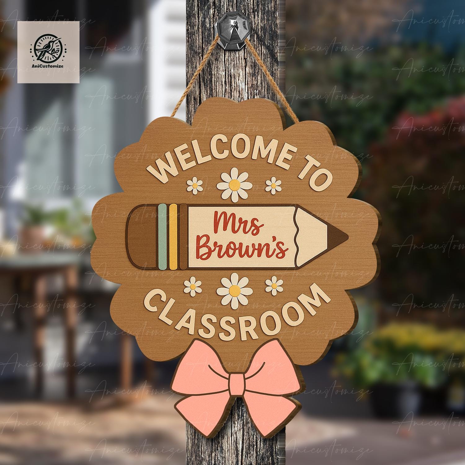 Personalized Welcome to Classroom Door Sign – Custom Teacher Name with Pencil, Daisy & Bow, Cute Wooden Back to School Door Hanger