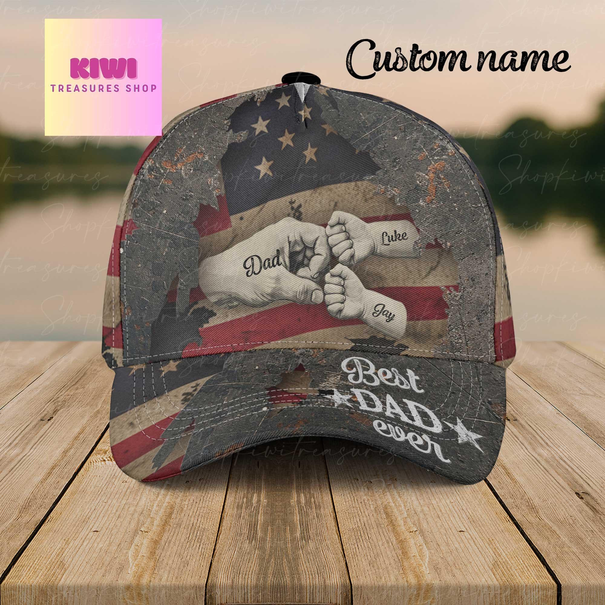 Custom Fist Bump Dad Hat with Kids' Names, Best Dad Ever Cap, Personalized Papa Gift for Father's Day or 4th of July Patriotic Style