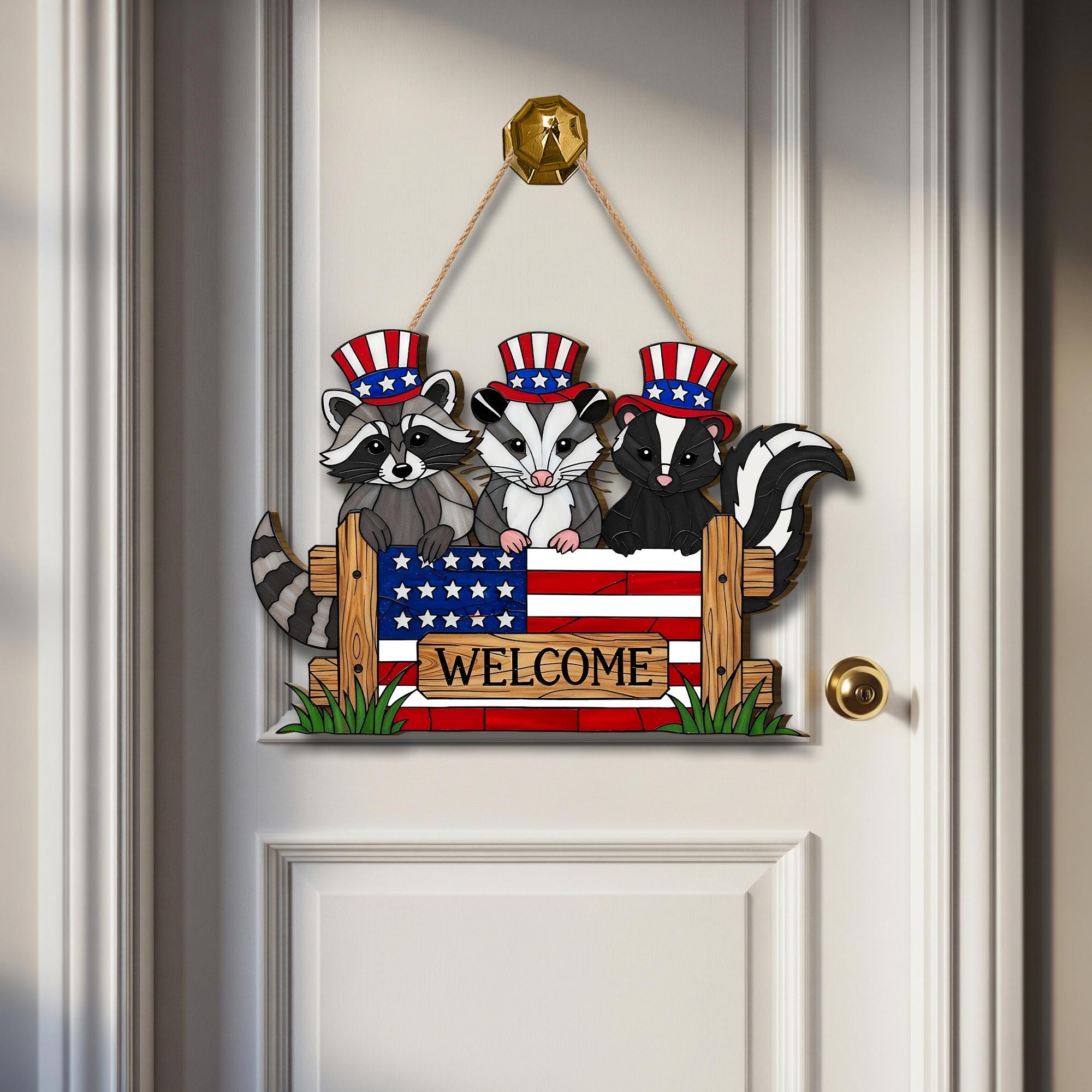Peeking Patriotic Raccoon Possum Skunk Welcome Sign, 4th of July Door Hanger, Funny Animal USA Decor, Rustic Sign,4th July Trash Panda Decor