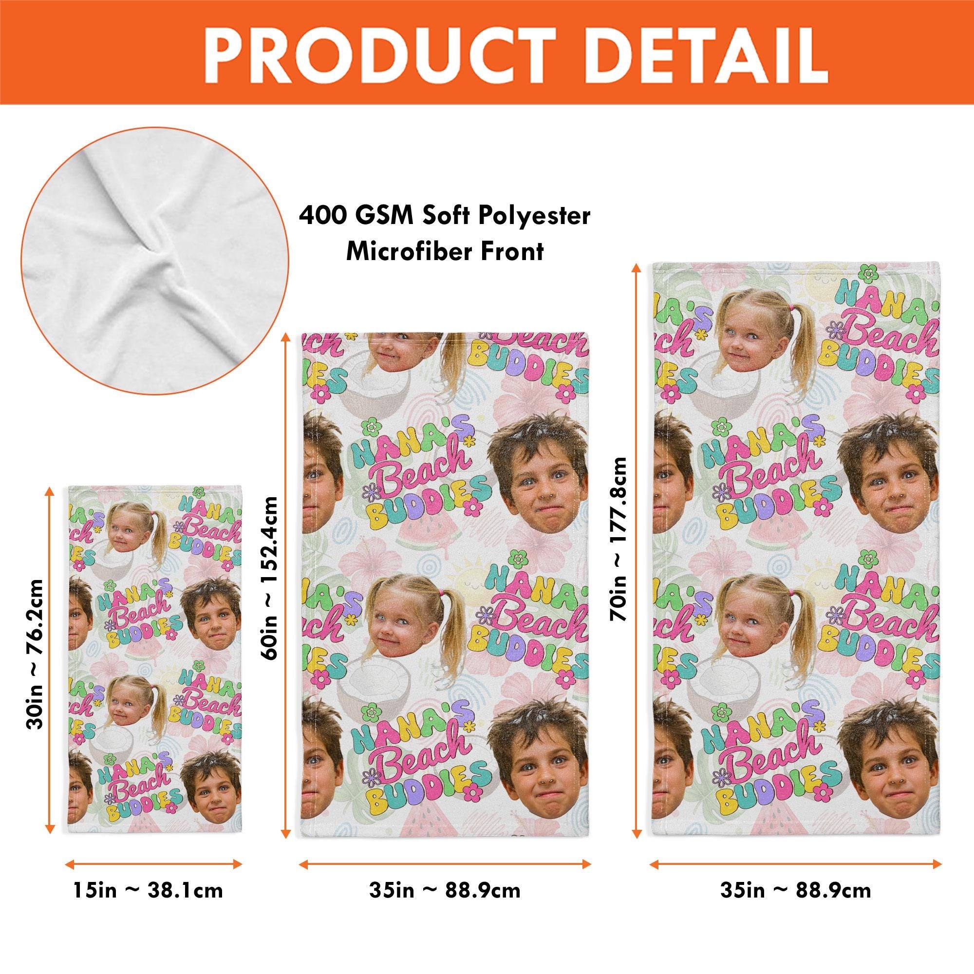 Custom Face Beach Buddies Towel – Nana’s Summer Gift with Grandkids’ Photos, Personalized Pool Towel for Mom, Grandma, or Mimi