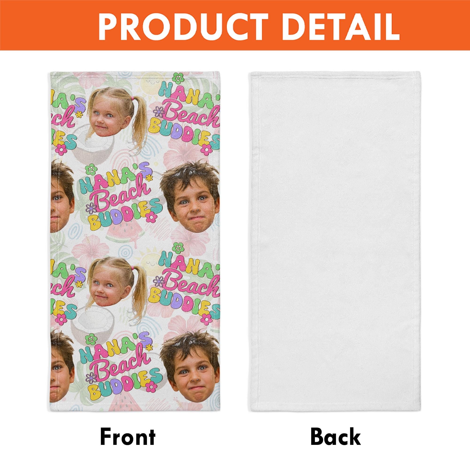 Custom Face Beach Buddies Towel – Nana’s Summer Gift with Grandkids’ Photos, Personalized Pool Towel for Mom, Grandma, or Mimi