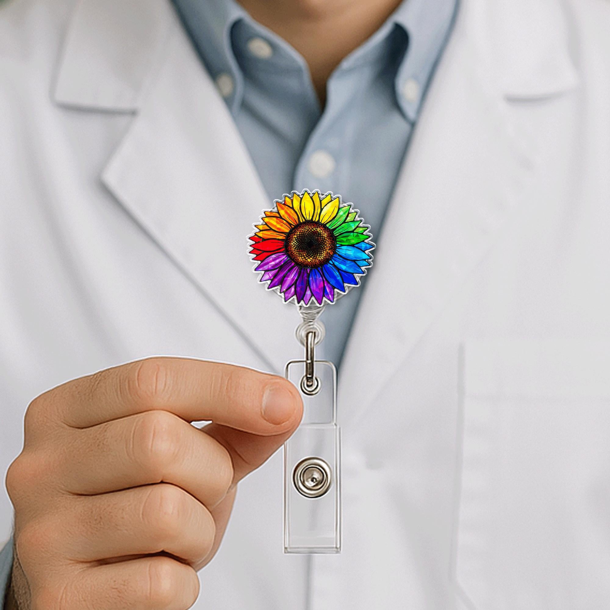 Rainbow Sunflower Badge Reel | LGBTQ+ Pride ID Holder | Colorful Retractable Clip | Nurse Badge for Pride Month | Floral Pride Gift